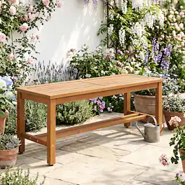 Costway - Acacia Wood Patio Bench for 2, Backless Outdoor Garden Bench with Slatted Seat - Natural