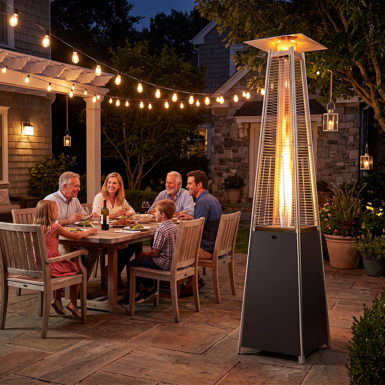 Alt View 3. Costway - Costway 45000 BTU Pyramid Patio Heater with Zippered Cover,Triple Safety Protection,Wheels - Silver + Black.