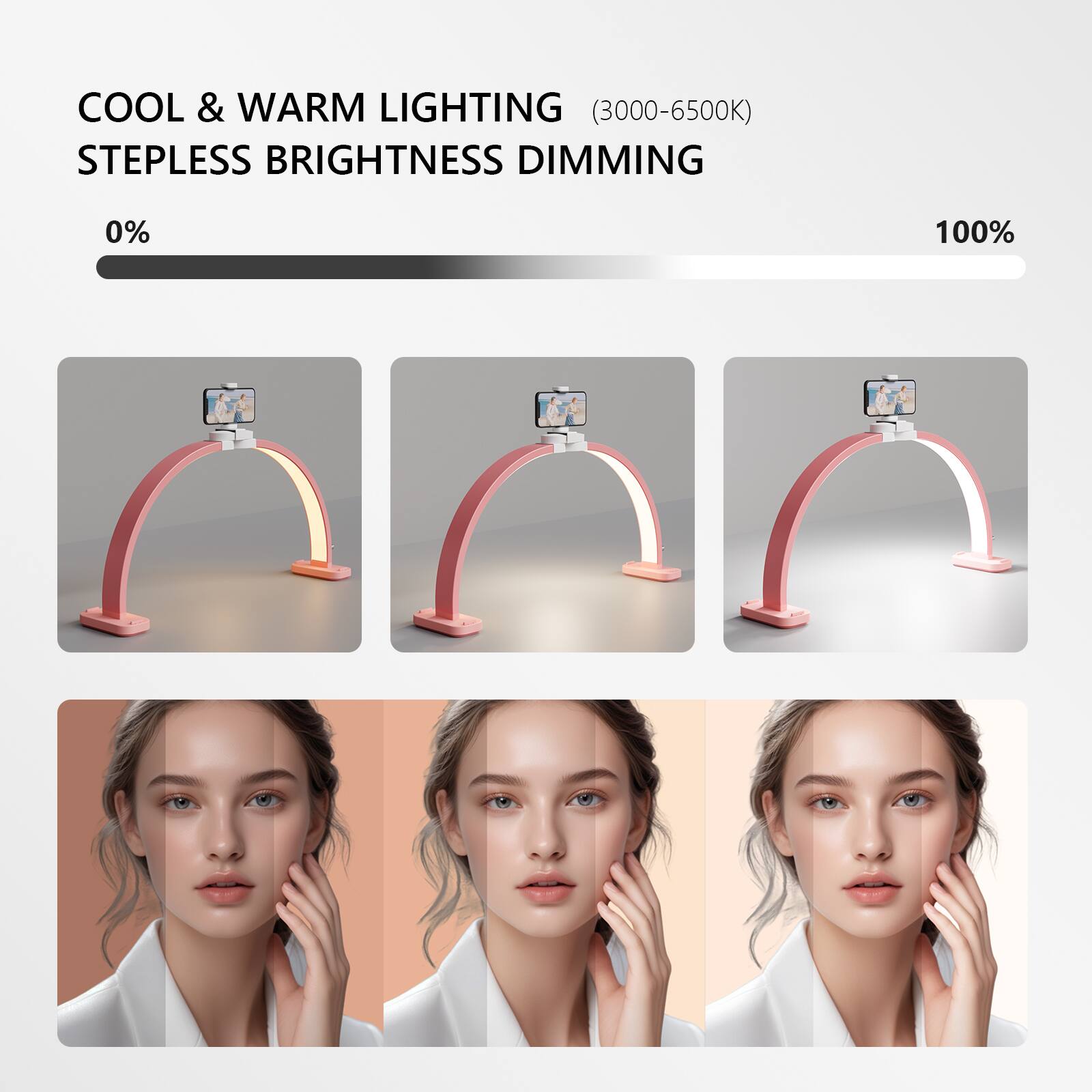 COOL & WARM LIGHTING (3000-6500K)  
STEPLESS BRIGHTNESS DIMMING  
0% 100%