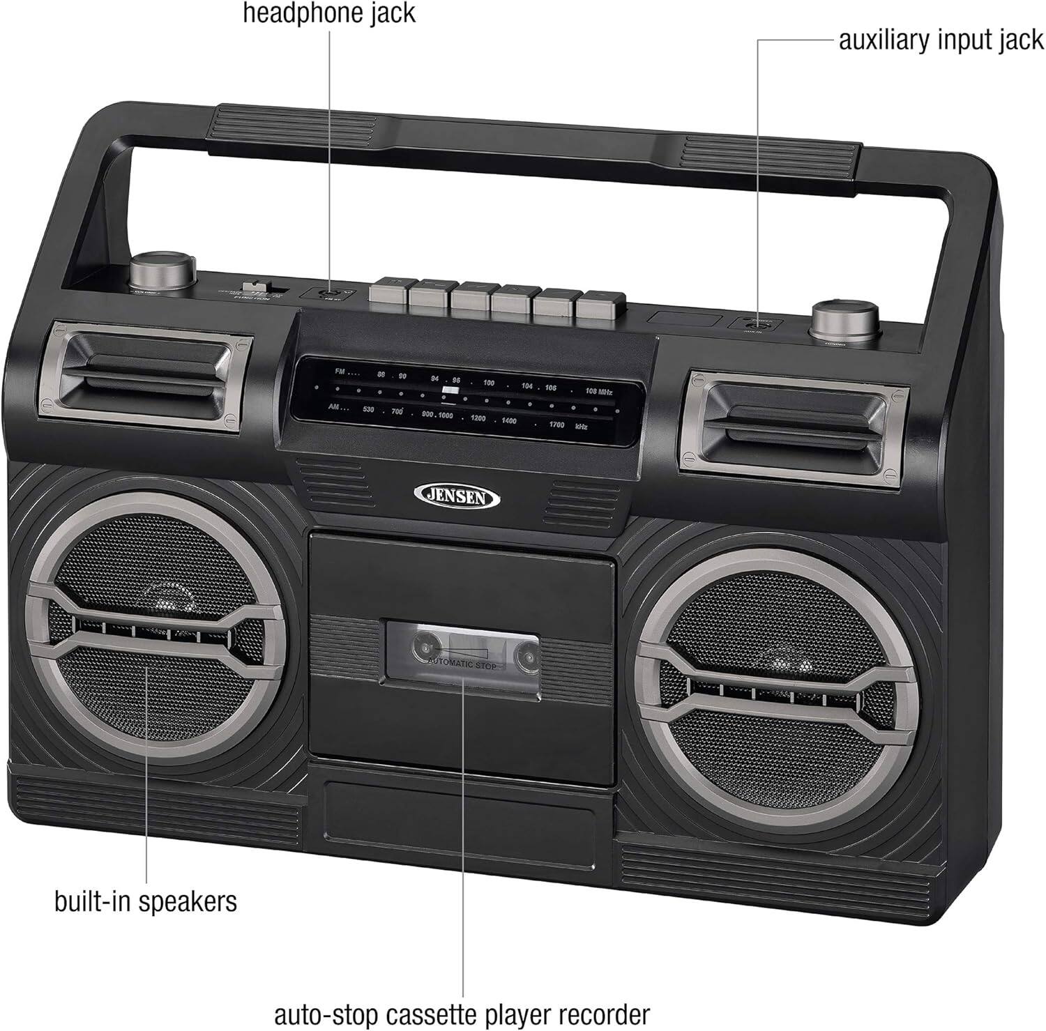 headphone jack, auxiliary input jack, built-in speakers, auto-stop cassette player recorder
