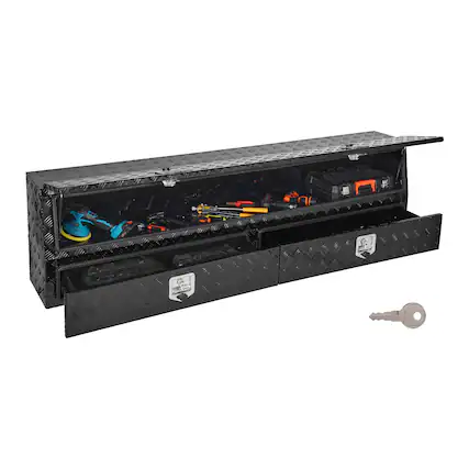 Front. VEVOR - Contractor Truck Tool Box, 81.5 x 21 x 13 in, Black Tread Aluminum TopSider Toolbox with Two Lower Drawers,Flip Up Door - Black.