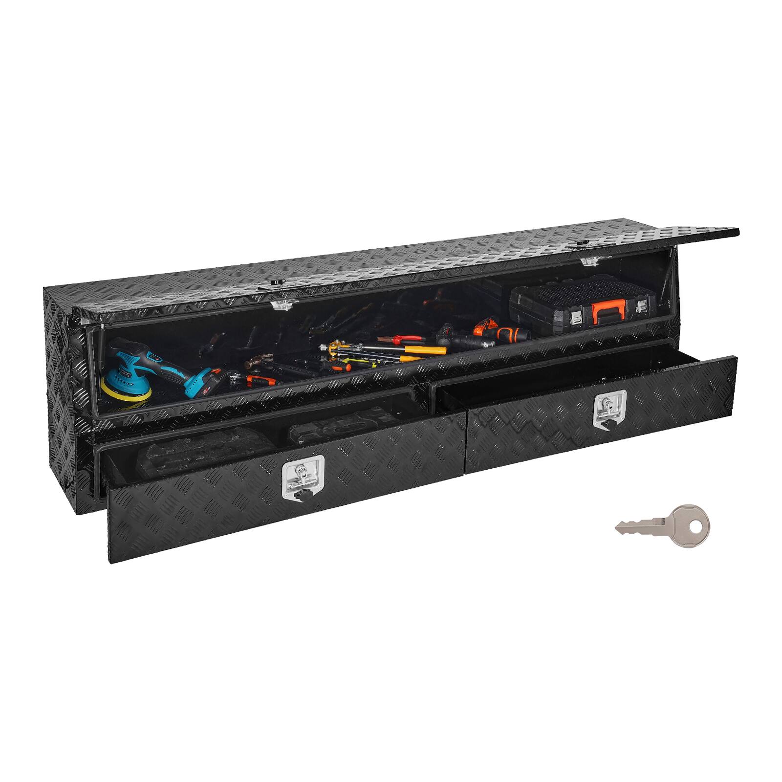 Front. VEVOR - Contractor Truck Tool Box, 81.5 x 21 x 13 in, Black Tread Aluminum TopSider Toolbox with Two Lower Drawers,Flip Up Door - Black.