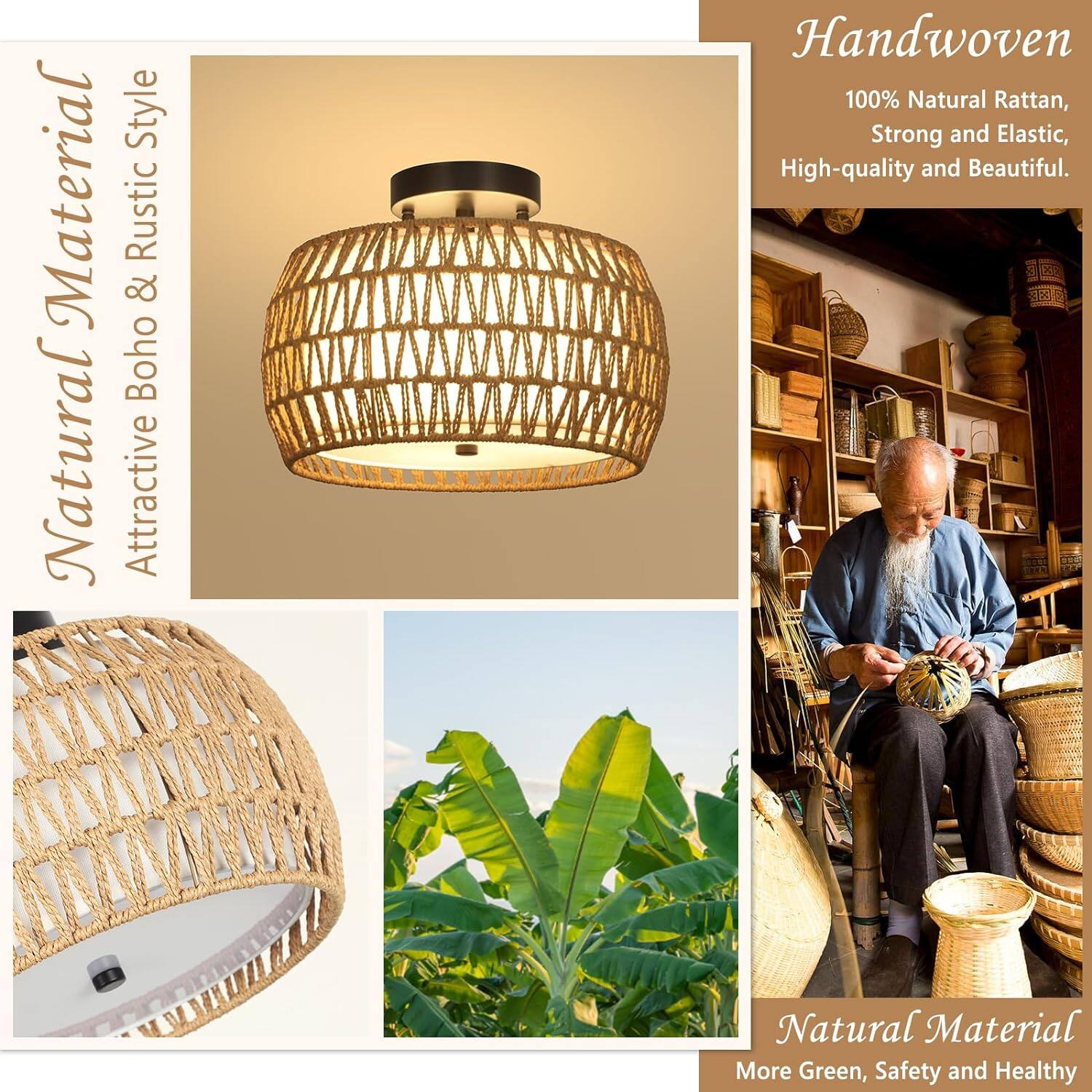 Material: Natural  
Style: Rustic & Boho Attractive  
Handwoven: 100% Natural Rattan, Strong and Elastic, High-quality and Beautiful.  
Natural Material: More Green, Safety and Healthy