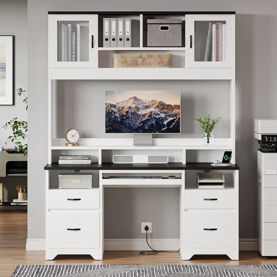 Bestier 59 inch Computer Desk with Hutch, Charging Station, Fluted ...