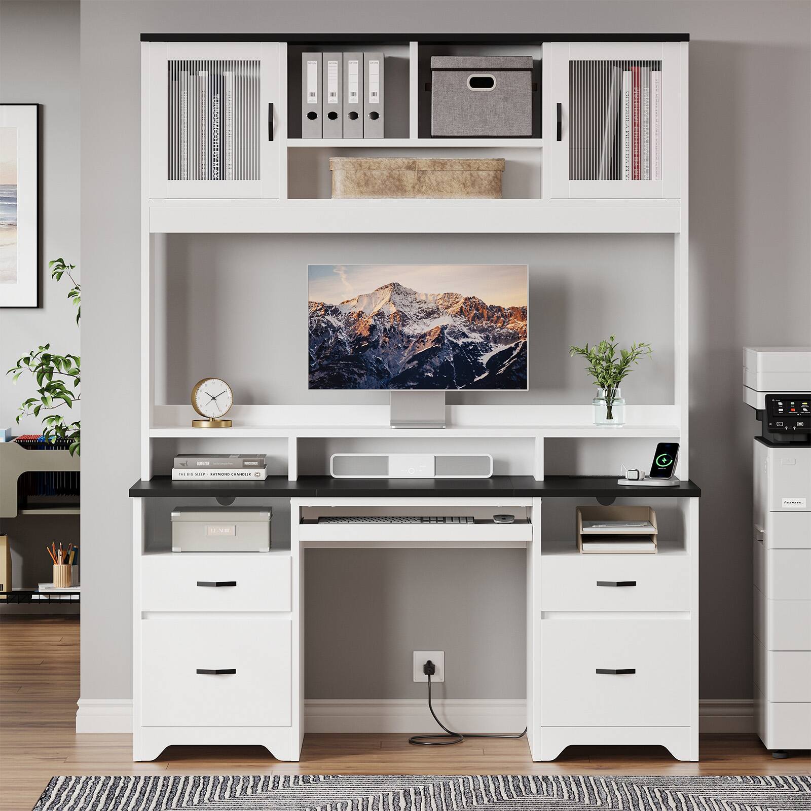 Back. Bestier - 59-inch Computer Desk with Hutch, Charging Station, Fluted Storage Cabinet and Keyboard Tray - White.