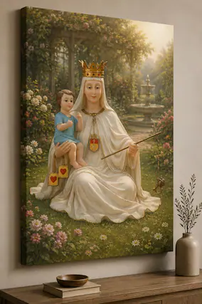 Front. FC Design - Large Our Lady Mount Carmel Canvas Print 24x36" Floral Catholic Garden Peaceful Art Painting Home Wall Decor - MultiColor.