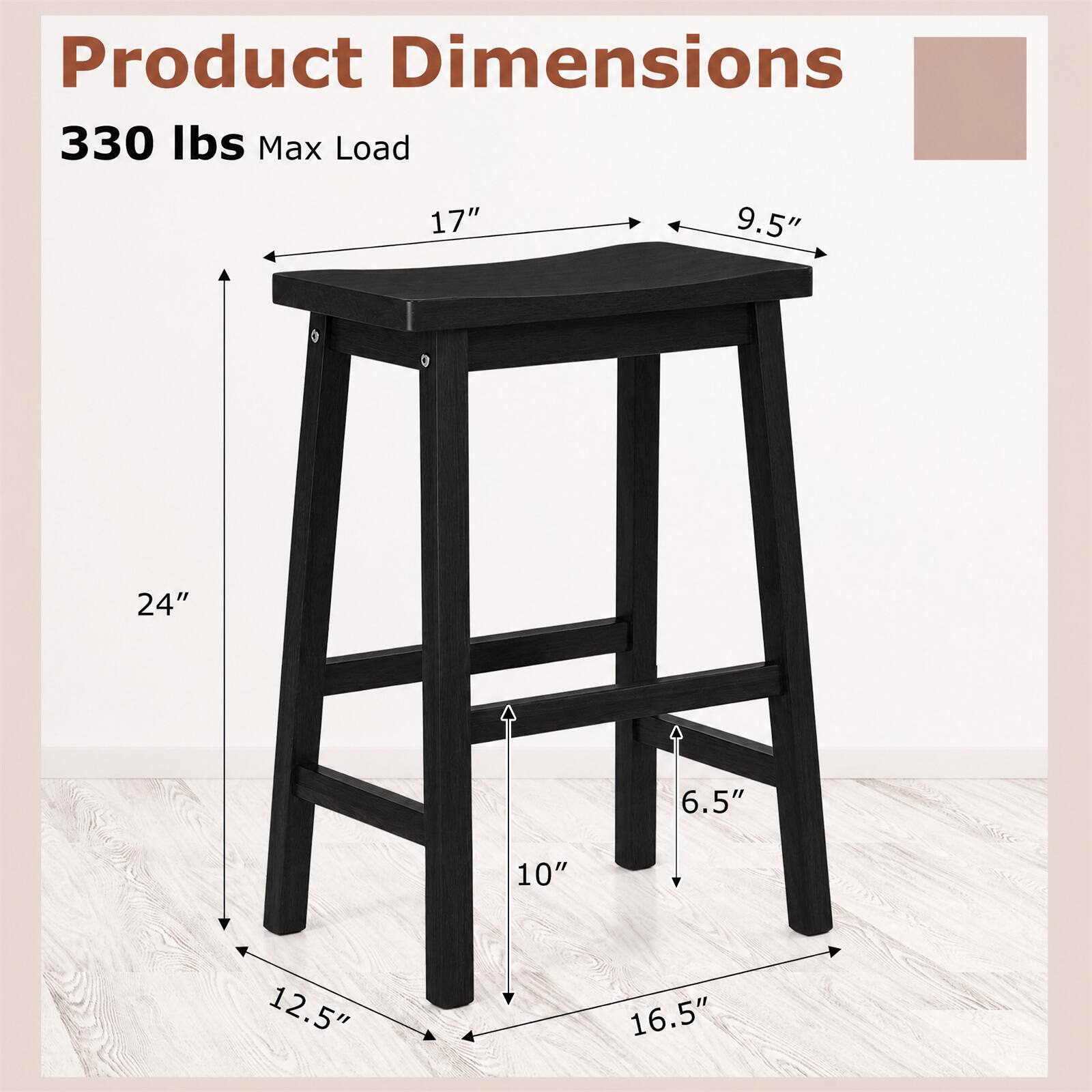 Product Dimensions  
330 lbs Max Load  
17" x 9.5" x 24" x 6.5" x 10" x 12.5" x 16.5"