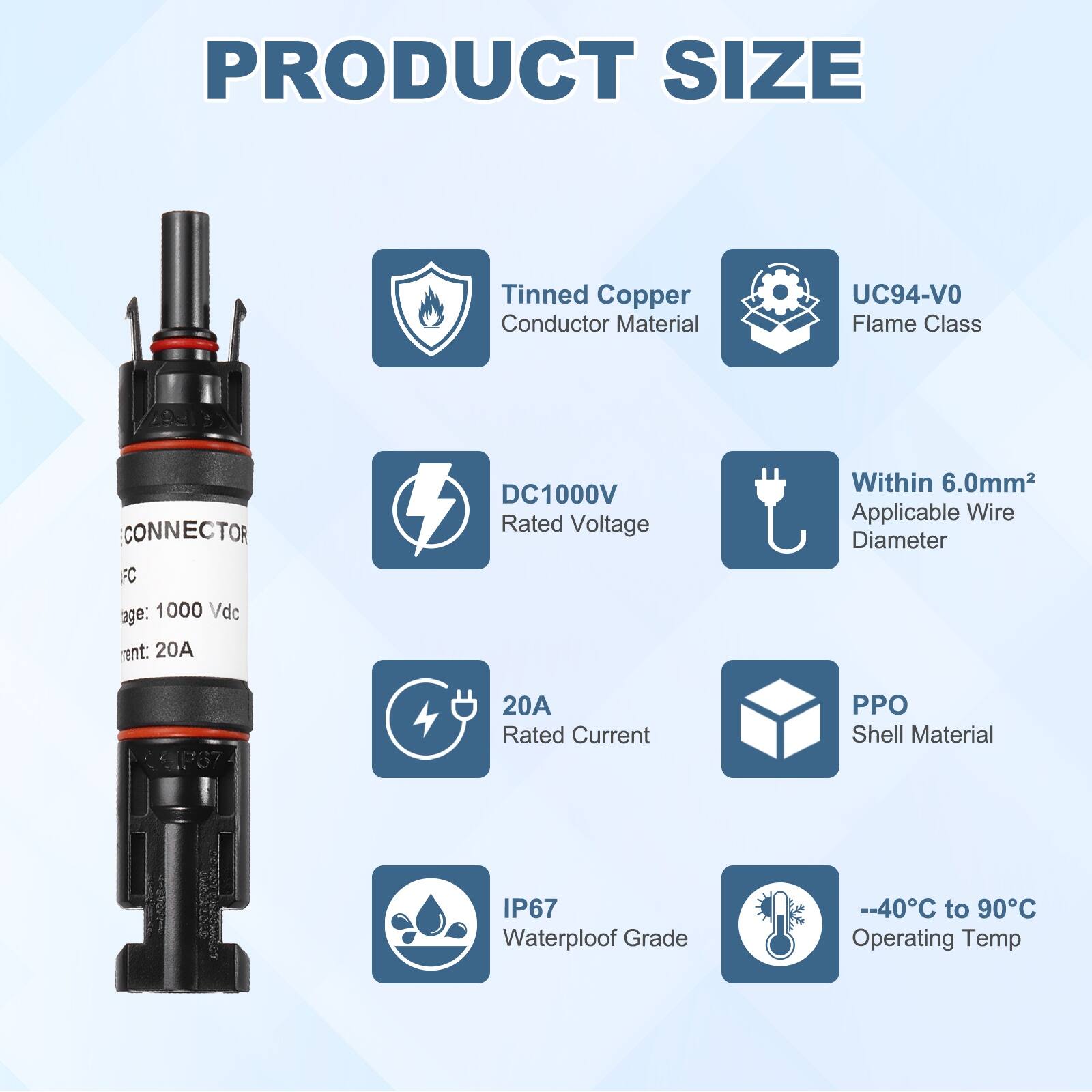 PRODUCT SIZE

- Tinned Copper Conductor Material
- UC94-VO Flame Class
- DC1000V Rated Voltage
- Within 6.0mm² Applicable Wire Diameter
- 20A Rated Current
- PPO Shell Material
- IP67 Waterproof Grade
- -40°C to 90°C Operating Temp