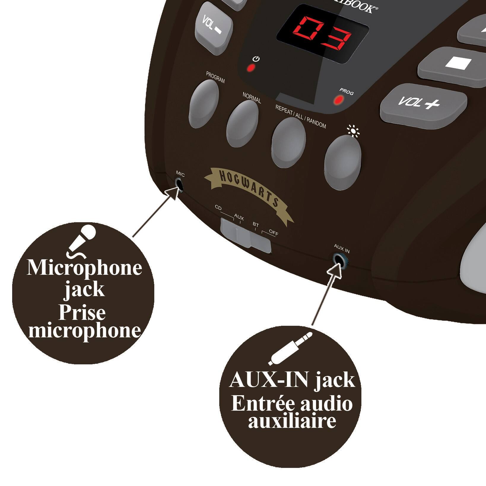 - VOL BOOK PROGRAM PROG NORMAL REPEAT ALL - RANDOM
- VOL + MIC Microphone jack Prise microphone
- CD HOGWARTS ALEX T OFF AUX IH AUX-IN jack Entre audio auxiliaire
