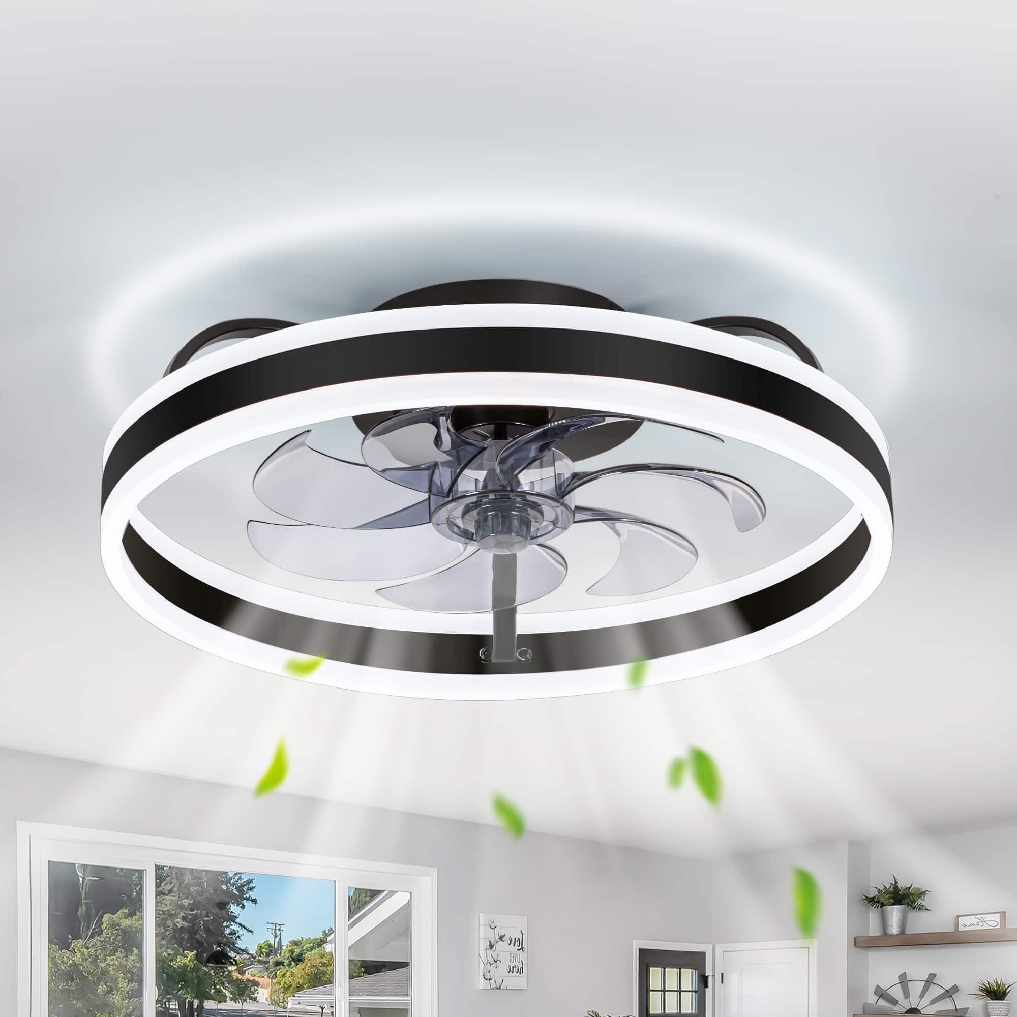 Breezary - 20-Inch Modern Flush Mount Cage Fan with LED Light & Remote, Timer, 7 PC Blades, 6-Speed DC Motor - Black