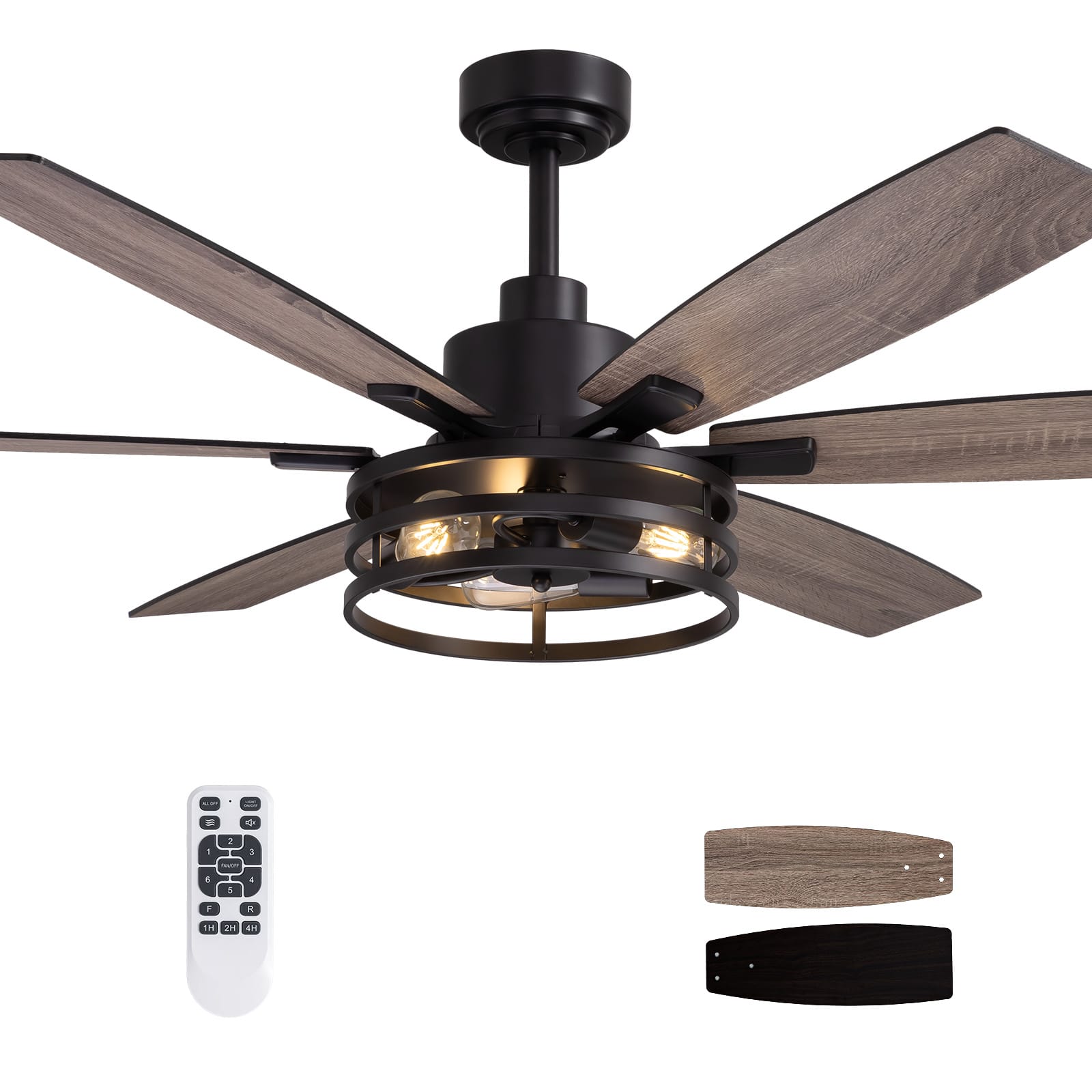 Front. Siljoy - 60 Inch Indoor Matte Black Layered Caged Ceiling Fan with Light and Remote  for Patio Kitchen Garage and Warehouse - Black.