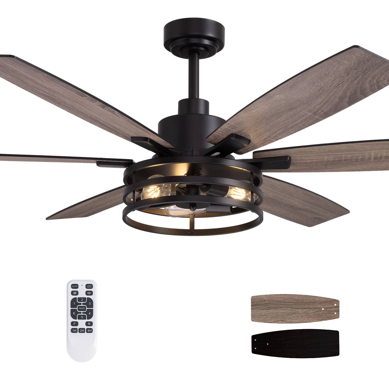 Siljoy - 60 Inch Indoor Matte Layered Caged Ceiling Fan with Light and Remote for Patio Kitchen Garage and Warehouse - Black