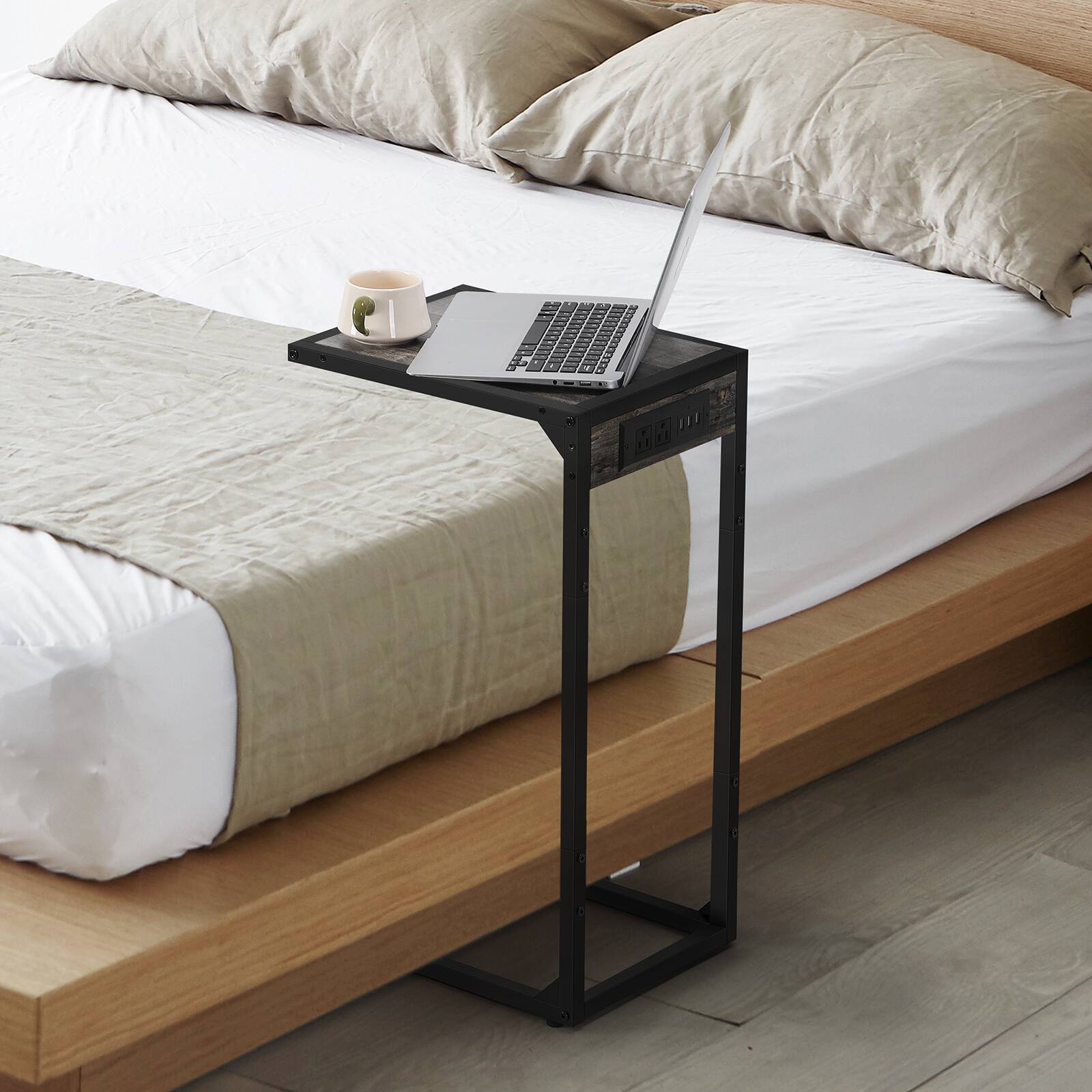 Alt View 1. Oumilen - Set of 2 C-Shaped Side Tables with Charging Station – Rustic Wood End Table with AC/USB, Slides Under Sofa - Grey.