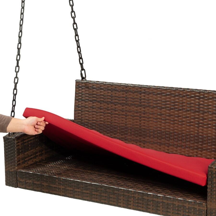 Left. Hivvago - Brown Wicker Hanging Patio Porch Swing Bench w/ Mounting Chains and Red Seat Cushion - Brown, Red.