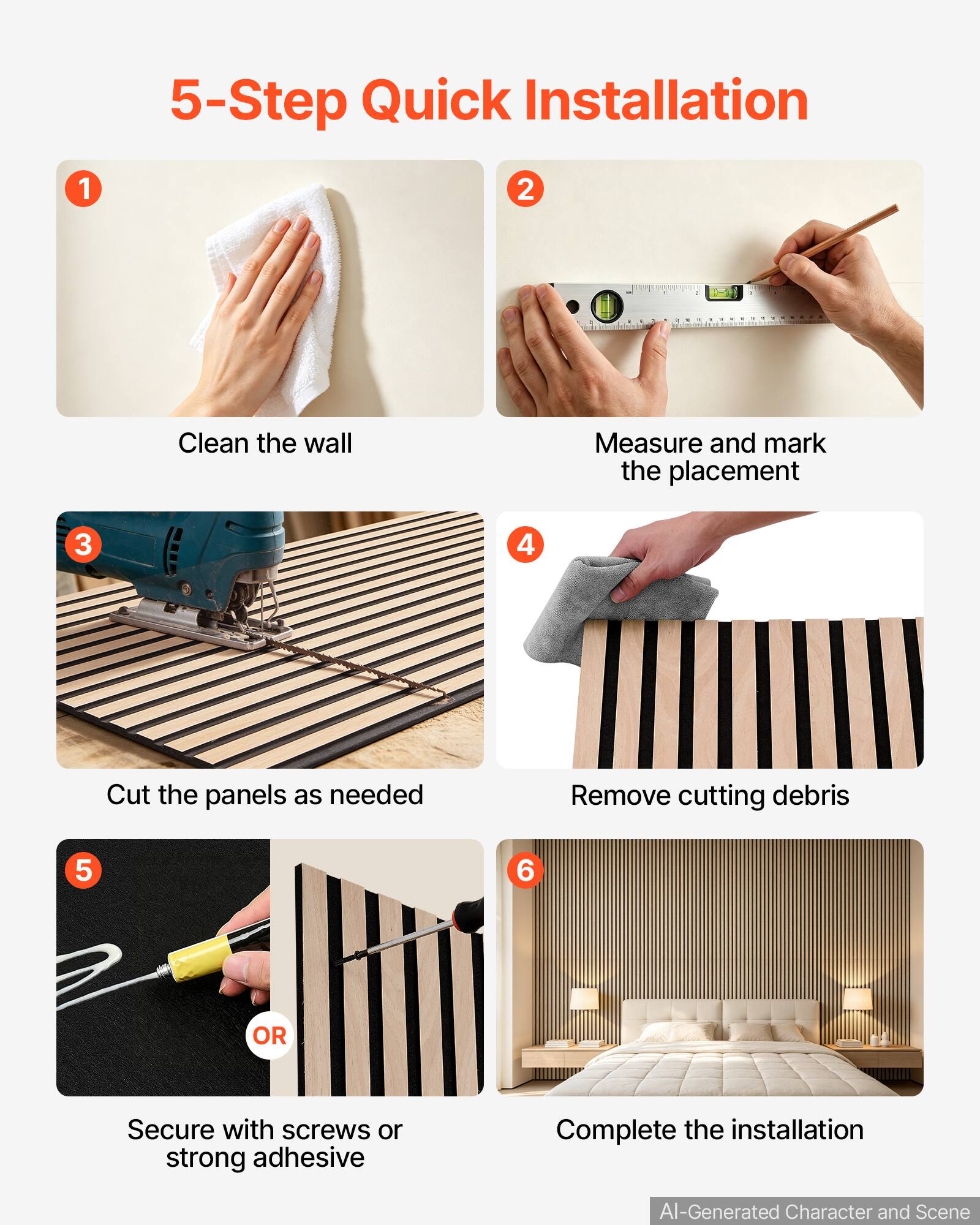 5-Step Quick Installation

1. Clean the wall
2. Measure and mark the placement
3. Cut the panels as needed
4. Remove cutting debris
5. Secure with screws or strong adhesive
6. Complete the installation