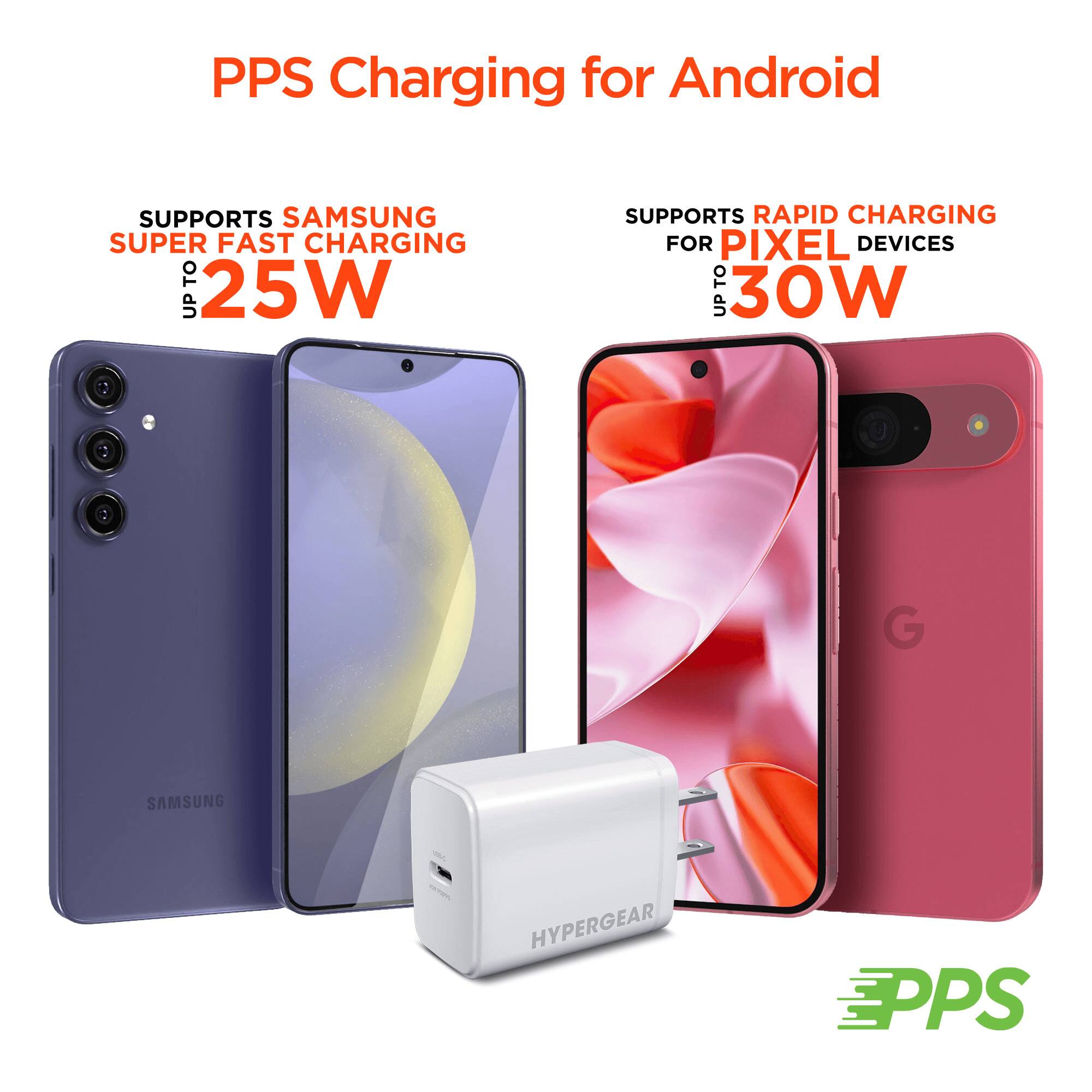 PPS Charging for Android

SUPPORTS SAMSUNG SUPER FAST CHARGING UP TO 25W

SUPPORTS RAPID CHARGING FOR PIXEL DEVICES UP TO 30W

HYPERGEAR EPPS