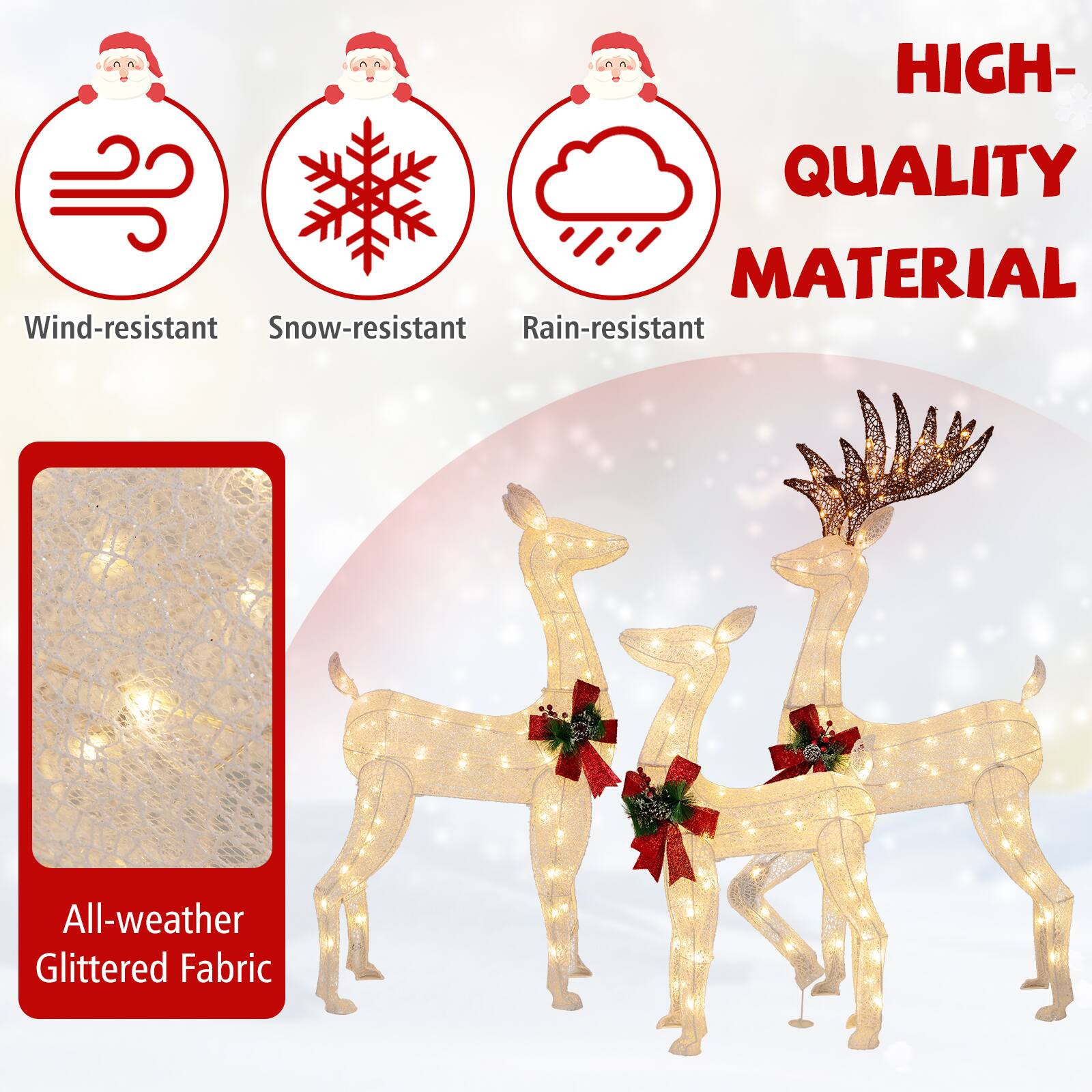 HIGH-QUALITY MATERIAL  
Wind-resistant  
Snow-resistant  
Rain-resistant  
All-weather Glittered Fabric