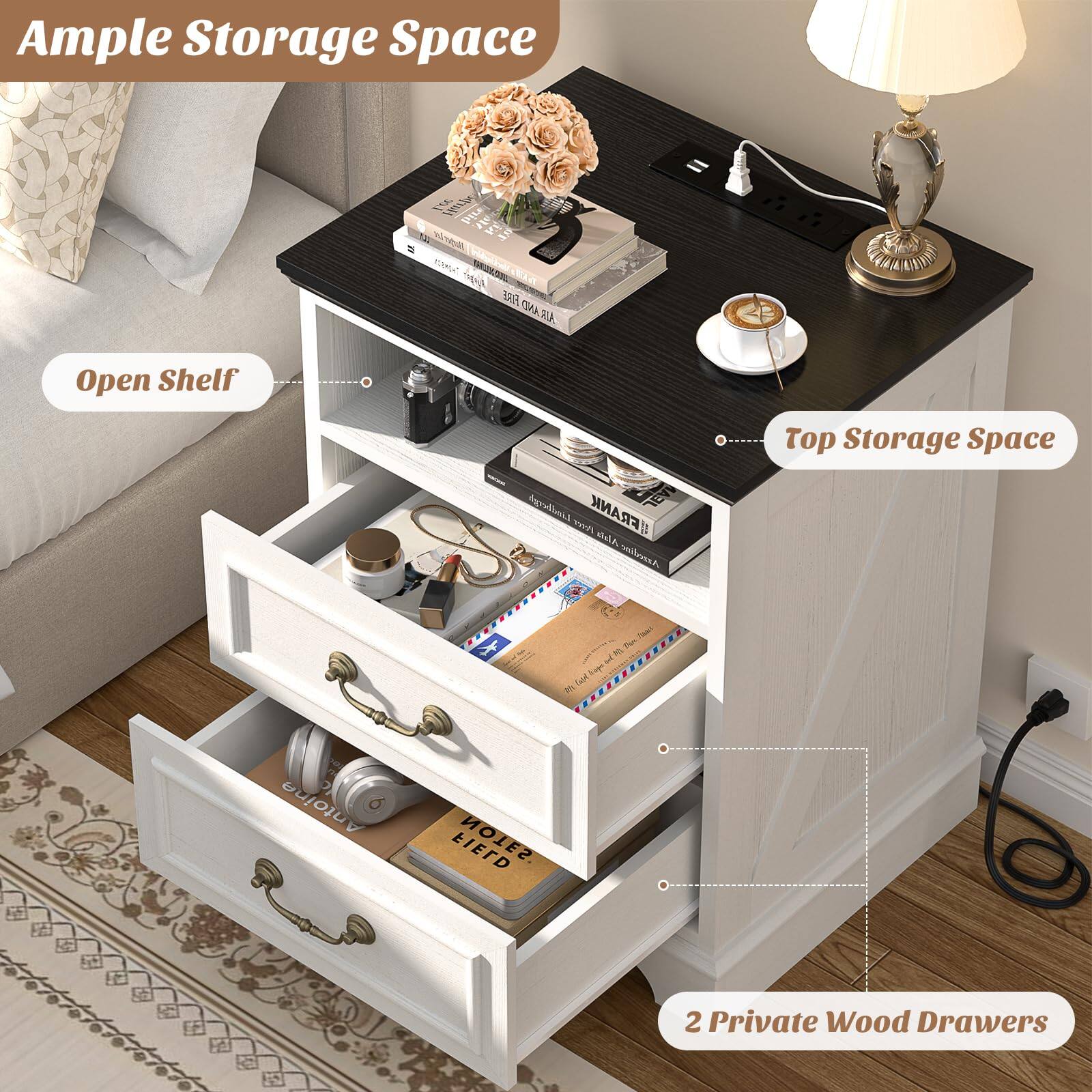 Ample Storage Space

Open Shelf

Top Storage Space

2 Private Wood Drawers