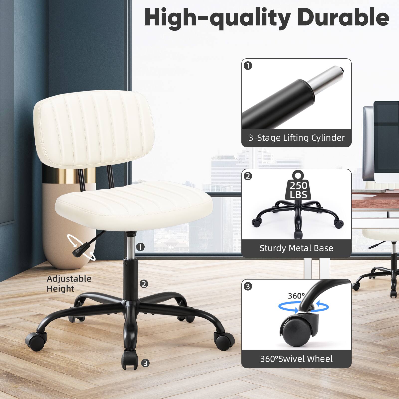 High-quality Durable

1. 3-Stage Lifting Cylinder
2. 250 LBS
3. Sturdy Metal Base
4. Adjustable Height
5. 360° Swivel Wheel