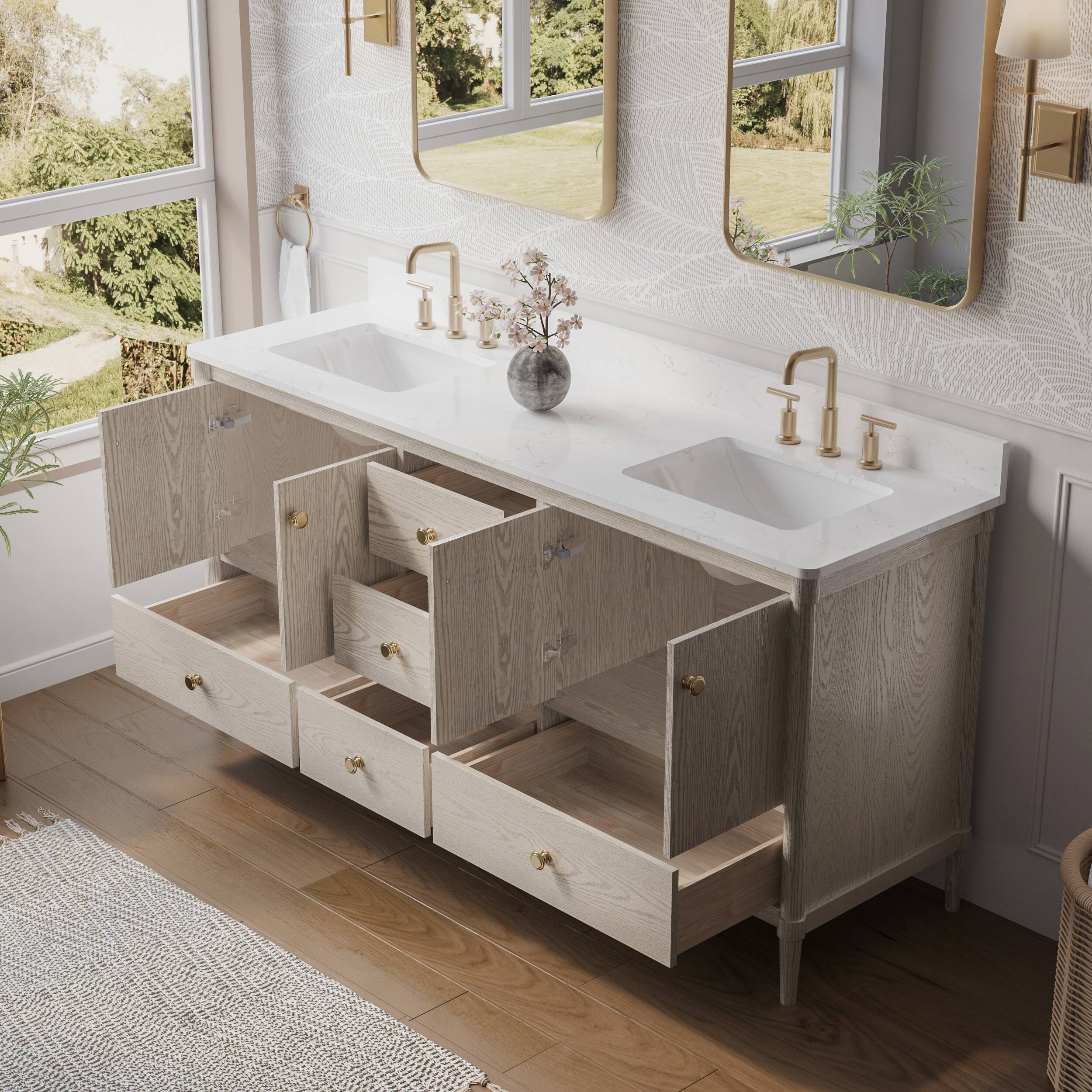 Left. WELLFOR - ETHAN 72 in. Solid Wood Bath Vanity with Quartz Top, Double Sink, Soft Close, Assembled - OAK.