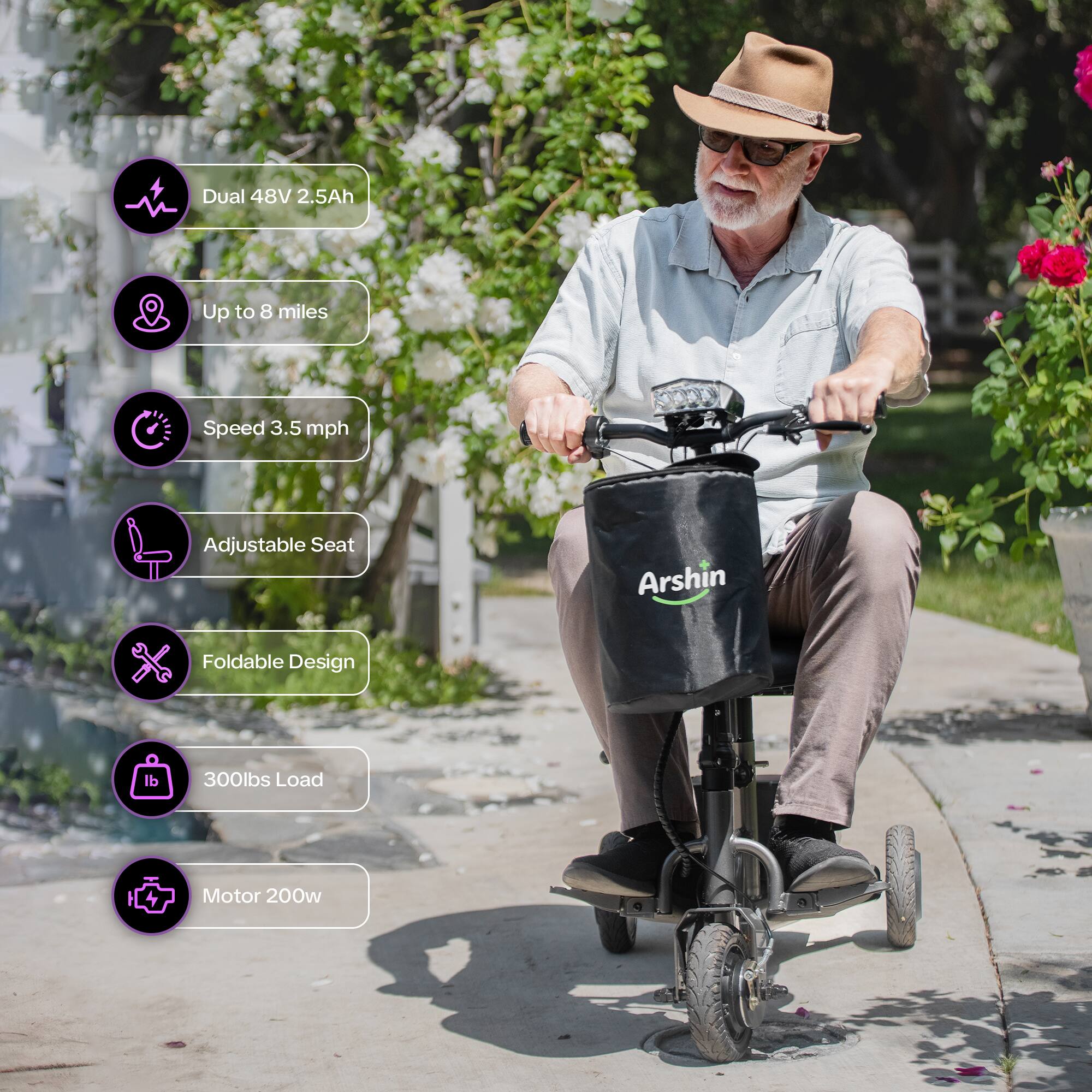Dual 48V 2.5Ah  
Up to 8 miles  
Speed 3.5 mph  
Adjustable Seat  
Arshin  
Foldable Design  
300lbs Load  
Motor 200w
