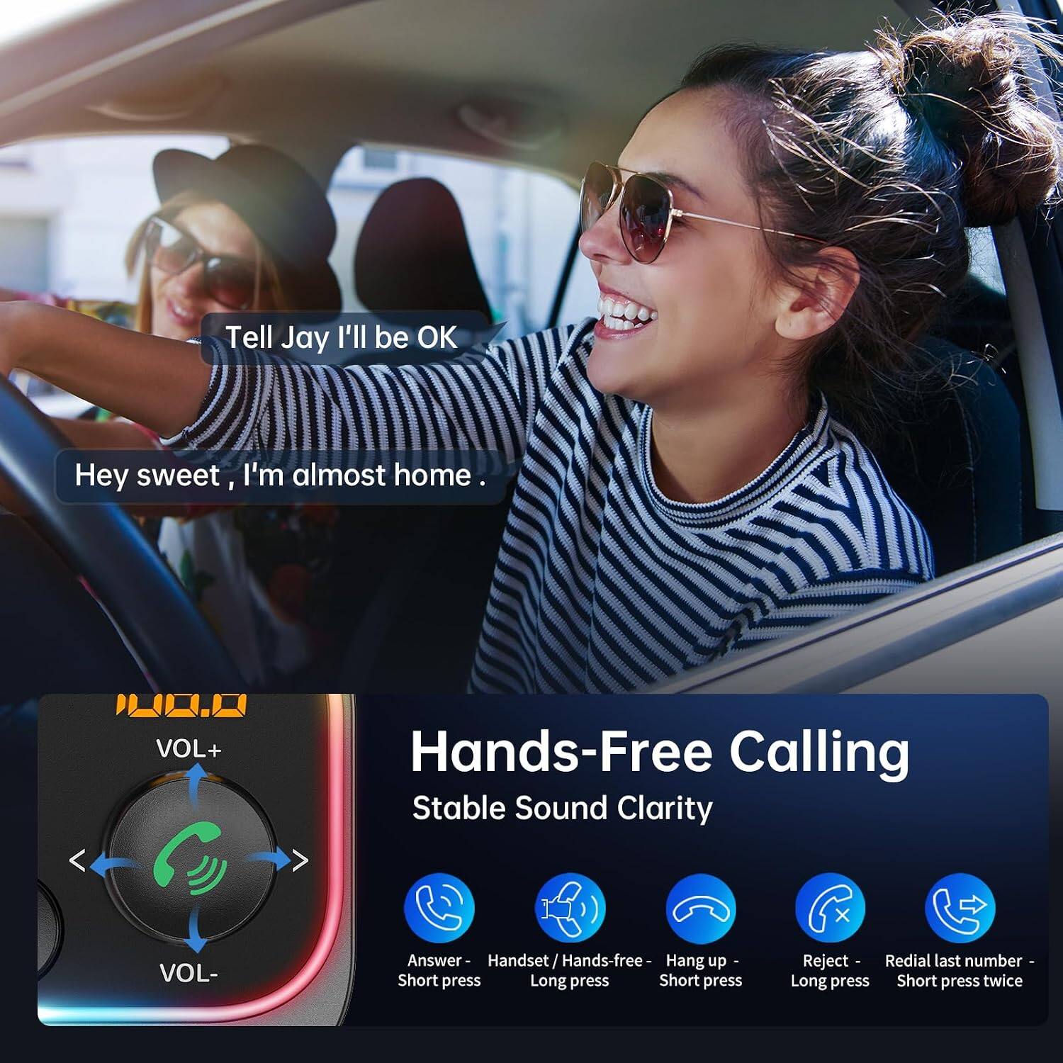 Tell Jay I'll be OK

Hey sweet, I'm almost home.

VOL+
Hands-Free Calling Stable Sound Clarity
X
VOL-

Answer- Handset/Hands-free- Hang up Short press Long press Short press
Reject  Redial last number Long press Short press twice