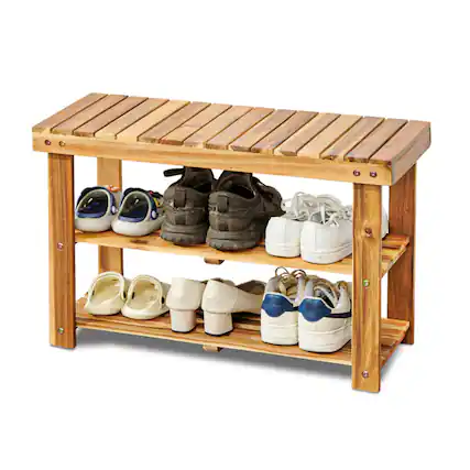 Front. HTUTWOO - 2-Tier Acacia Wood Shoe Rack with Bench – 300 lb Capacity,Easy Assembly,Shoe Organizer for Entryway,Mudroom,Bathroom - Brown.