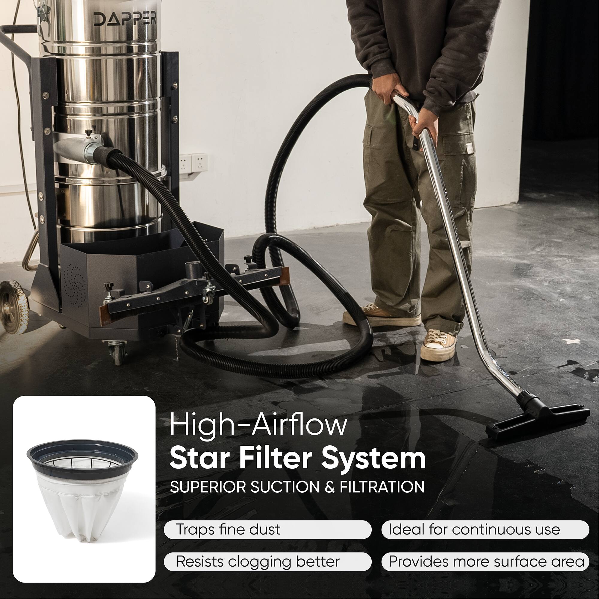 DAPPER High-Airflow Star Filter System  
SUPERIOR SUCTION & FILTRATION  
Traps fine dust  
Ideal for continuous use  
Resists clogging better  
Provides more surface area