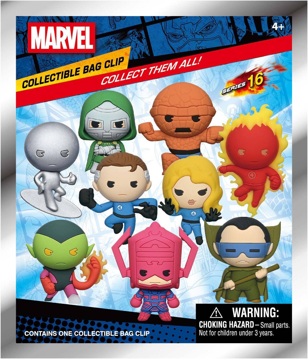 4+ MARVEL COLLECTIBLE BAG CLIP COLLECT THEM ALL! SERIES 16 CONTAINS ONE COLLECTIBLE BAG CLIP! WARNING: CHOKING HAZARD - Small parts. Not for children under 3 years.