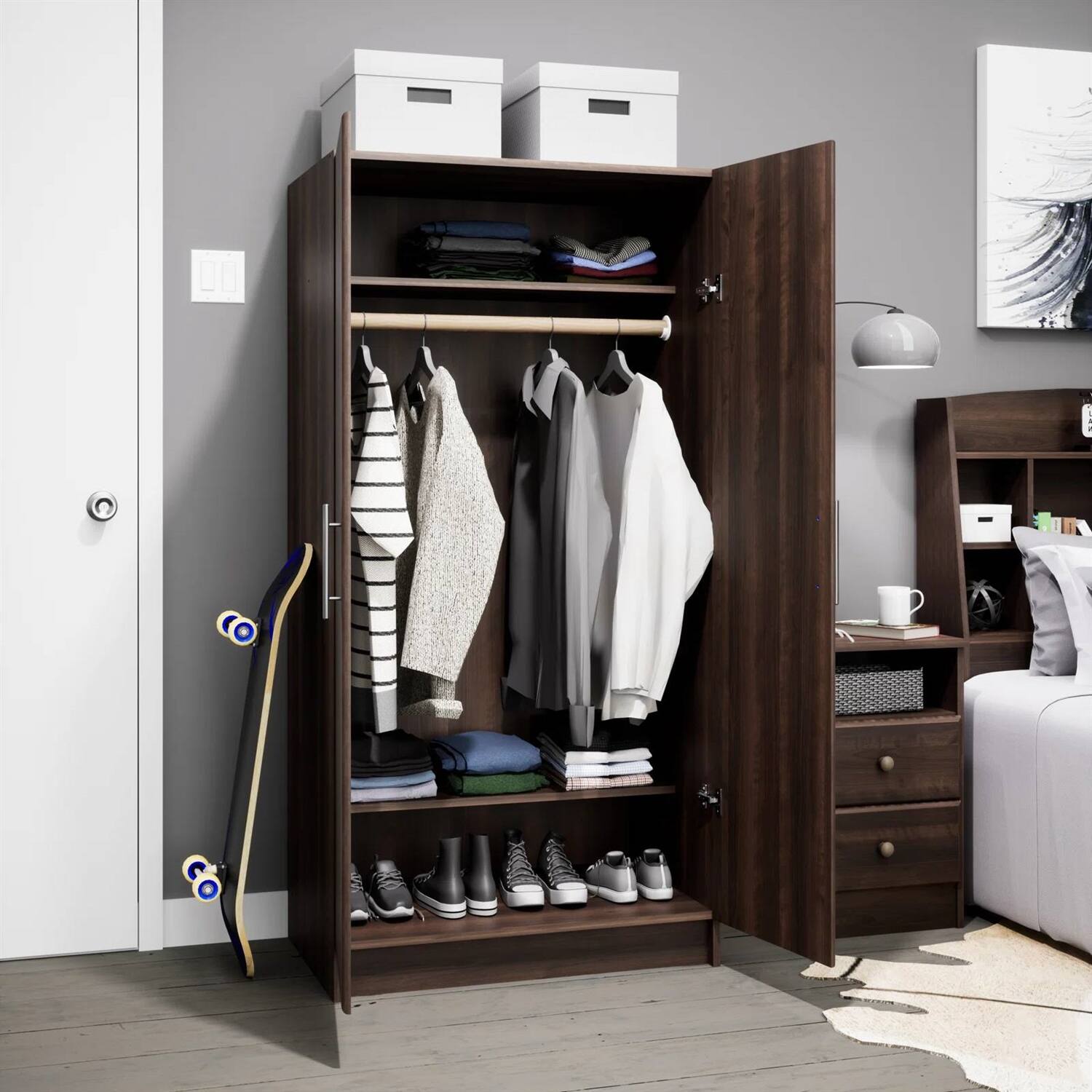 Angle. SlickBlue - Wooden Bedroom Armoire Wardrobe with Hanging Rail for Clothes Storage - Dark Brown.