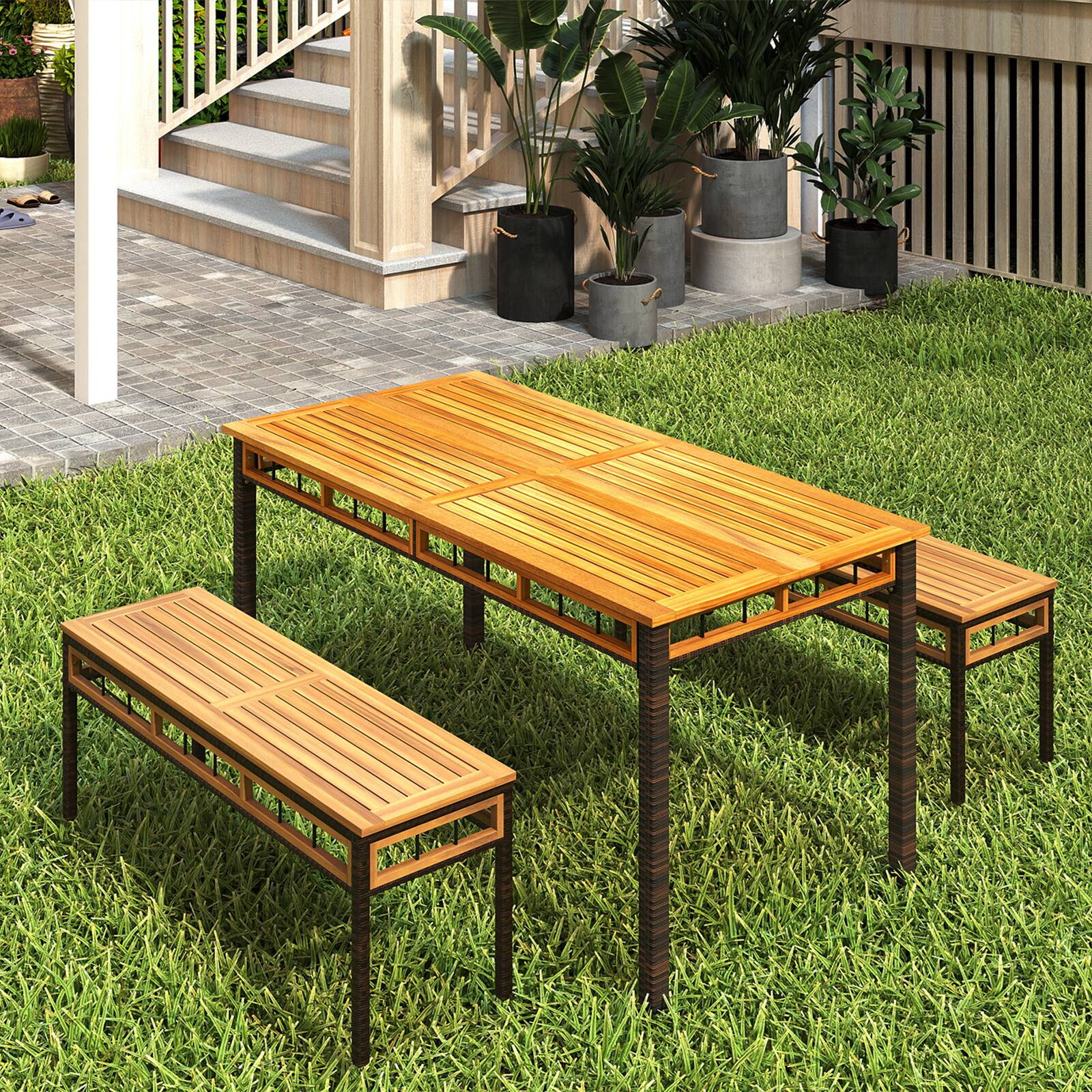 Alt View 4. Gymax - Gymax 48'' Wicker Patio Bench w/Acacia Wood Seat Removable Padded Cushion for Garden White Outdoor - White.