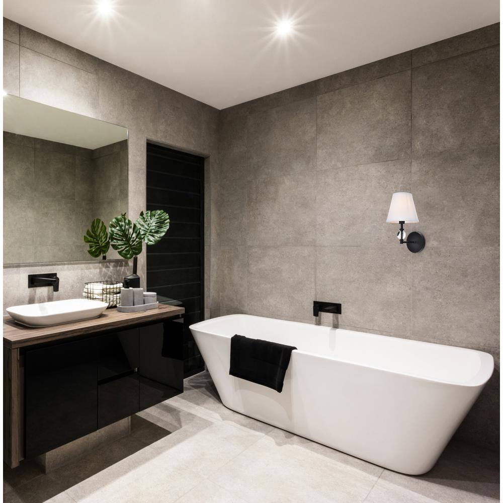 Angle. Living District - Bethany 1 light bath sconce in black with white fabric shade - Black And White Fabric Shade.