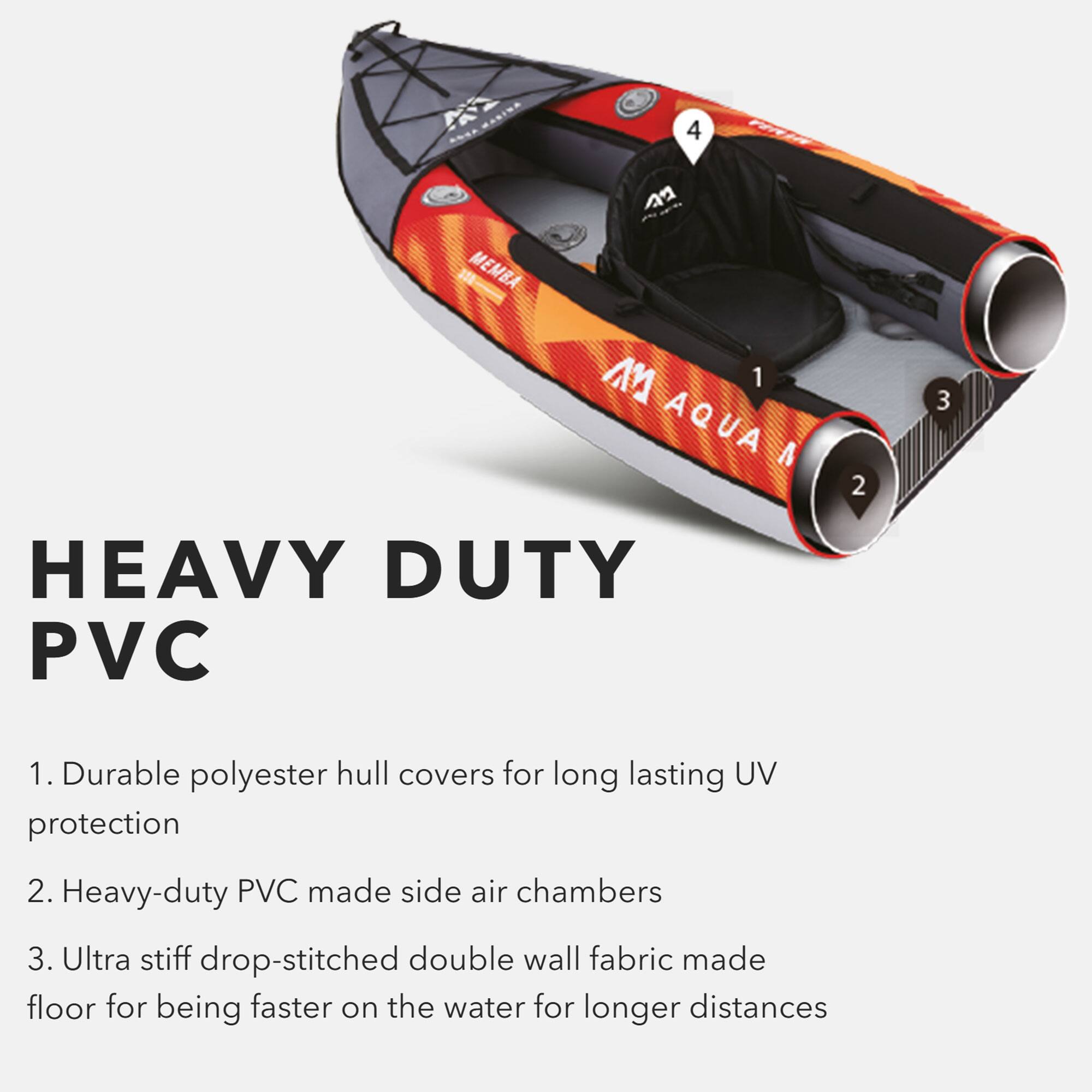 HEAVY DUTY PVC

1. Durable polyester hull covers for long lasting UV protection
2. Heavy-duty PVC made side air chambers
3. Ultra stiff drop-stitched double wall fabric made floor for being faster on the water for longer distances