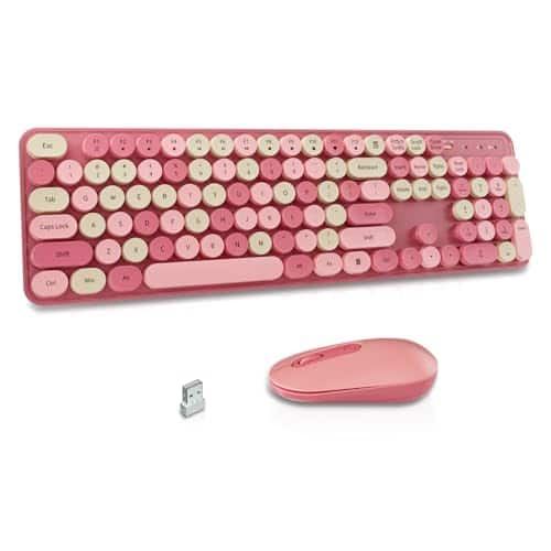 Comfort Essence - Wireless And Mouse Combo Round Keycaps Retro Typewriter Silent Auto Sleep Connection For Pcwindowsmac - Pink