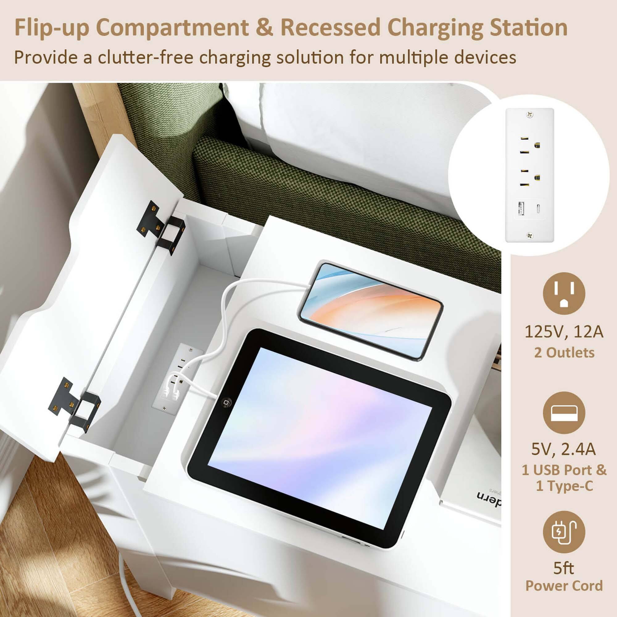 Flip-up Compartment & Recessed Charging Station: Provide a clutter-free charging solution for multiple devices. 125V, 12A 2 Outlets & 5V, 2.4A 1 USB Port & 1 Type-C Port. 5ft Power Cord.