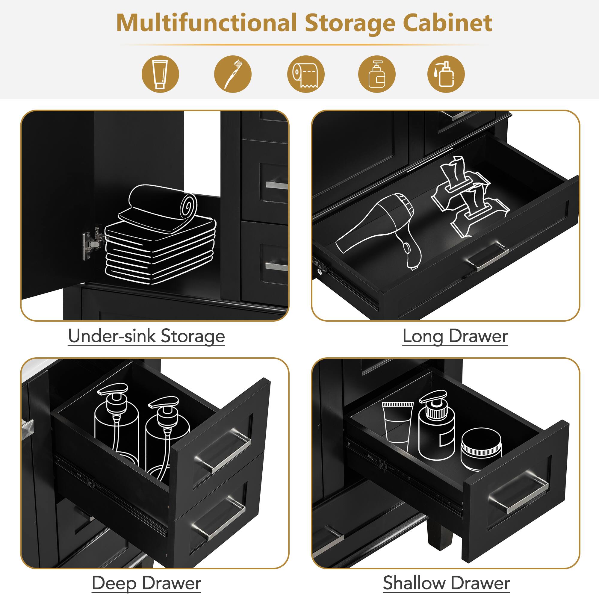 Multifunctional Storage Cabinet

- Under-sink Storage
- Long Drawer
- Deep Drawer
- Shallow Drawer