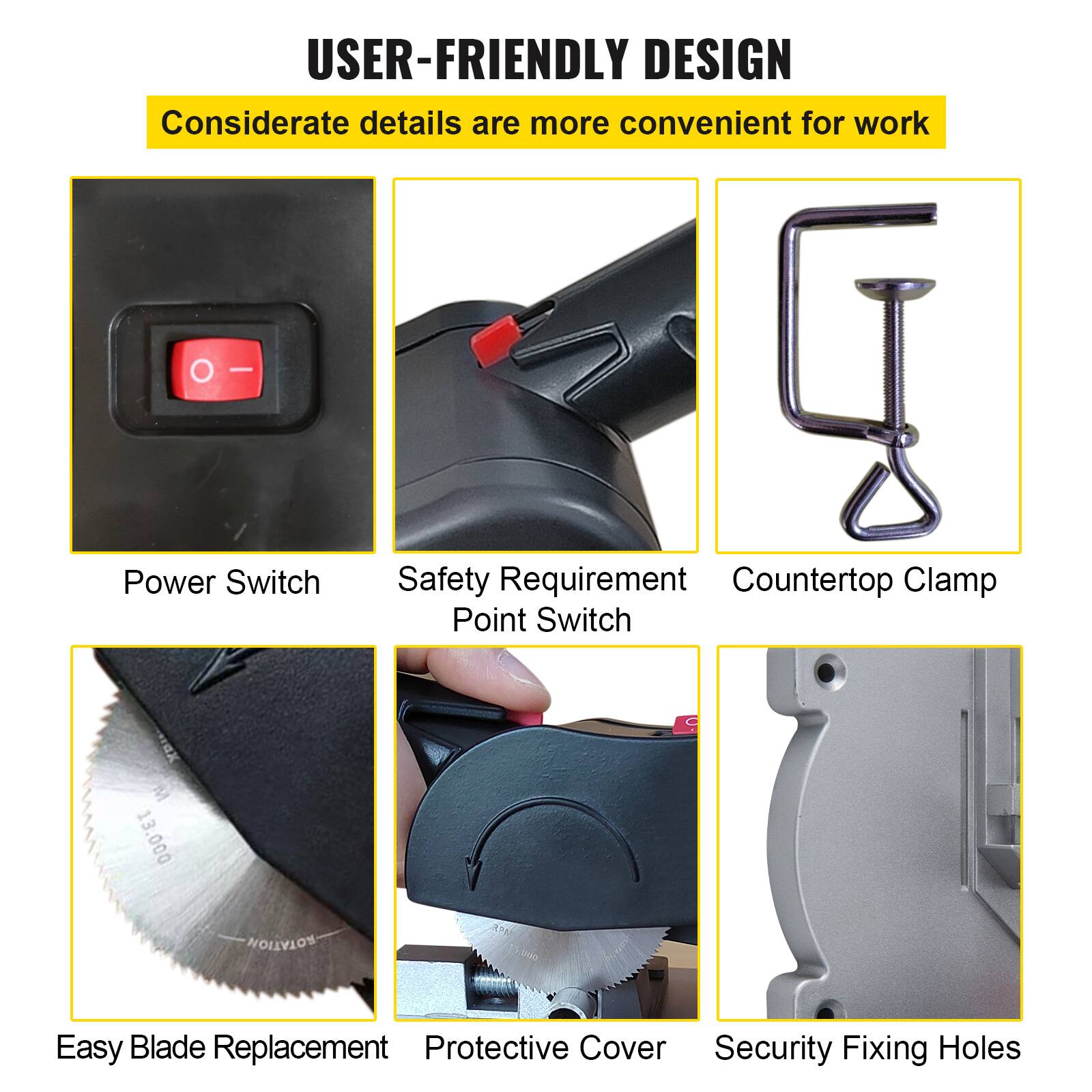 USER-FRIENDLY DESIGN  
Considerate details are more convenient for work  

- Power Switch  
- Safety Requirement Point Switch  
- Countertop Clamp  
- Easy Blade Replacement  
- Protective Cover  
- Security Fixing Holes