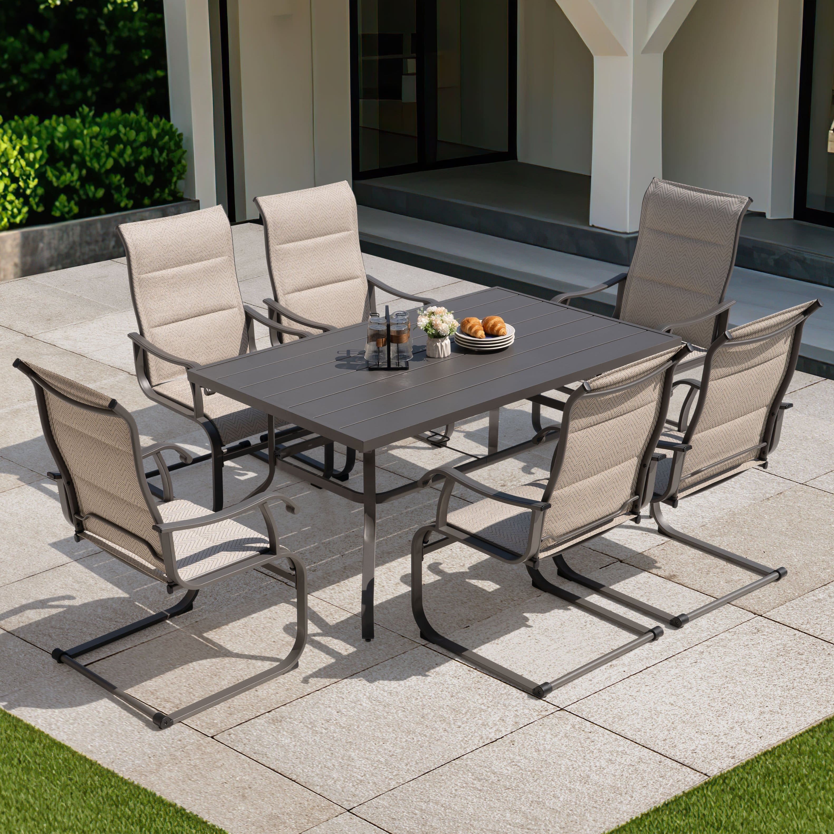 Nuu Garden - Patio 7-Piece Dining Table Set with Umbrella Hole and Textilene Chairs - Beige and Gray price history on PriceWatchPro