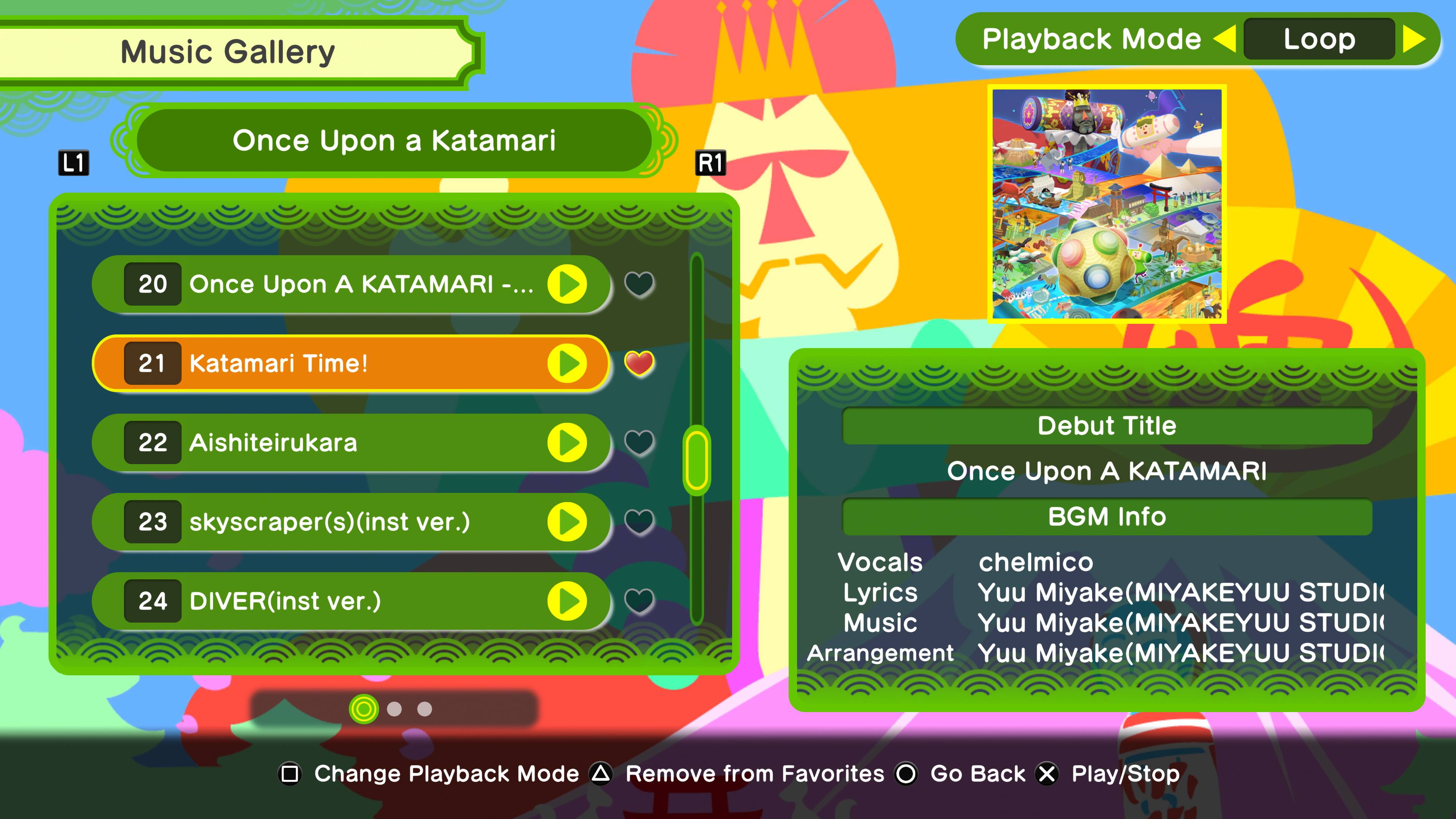 Music Gallery, Playback Mode, Loop, L1, Once Upon a Katamari, R1, 20 Once Upon A KATAMARI ..., 21 Katamari Time!, 22 Aishiteirukara, 23 skyscraper(s)(inst ver.), 24 DIVER(inst ver.), Debut Title, Once Upon A KATAMARI, BGM Info, Vocals, chelmico, Lyrics, Yuu Miyake (MIYAKEYUU STUDI), Music, Yuu Miyake (MIYAKEYUU STUDI), Arrangement, Yuu Miyake (MIYAKEYUU STUDI), Change Playback Mode, Remove from Favorites, Go Back, x, Play/Stop