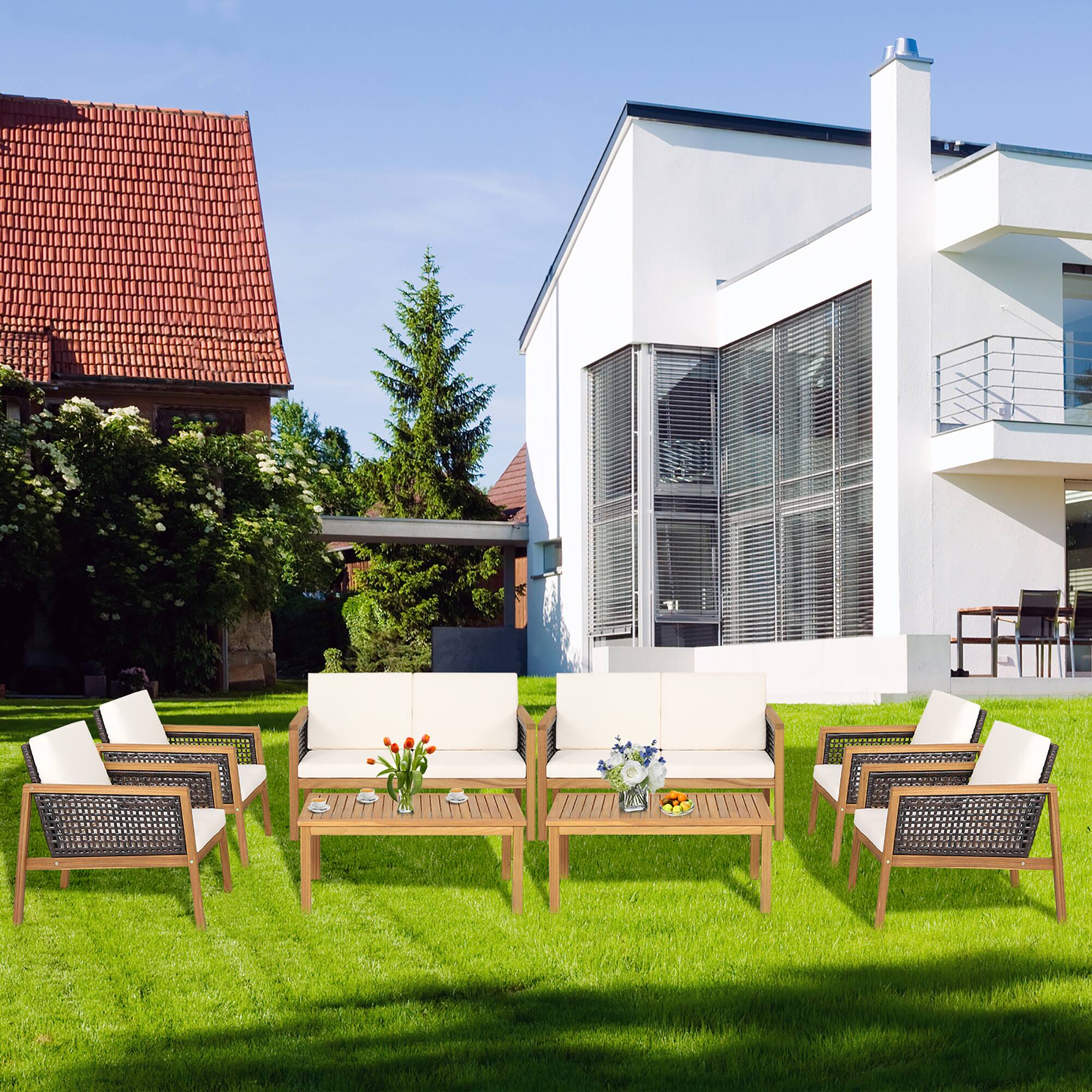 Alt View 1. Costway - Costway 8PCS Patio Rattan Furniture Set Acacia Wood Cushioned Sofa - Mix Brown,Off White.