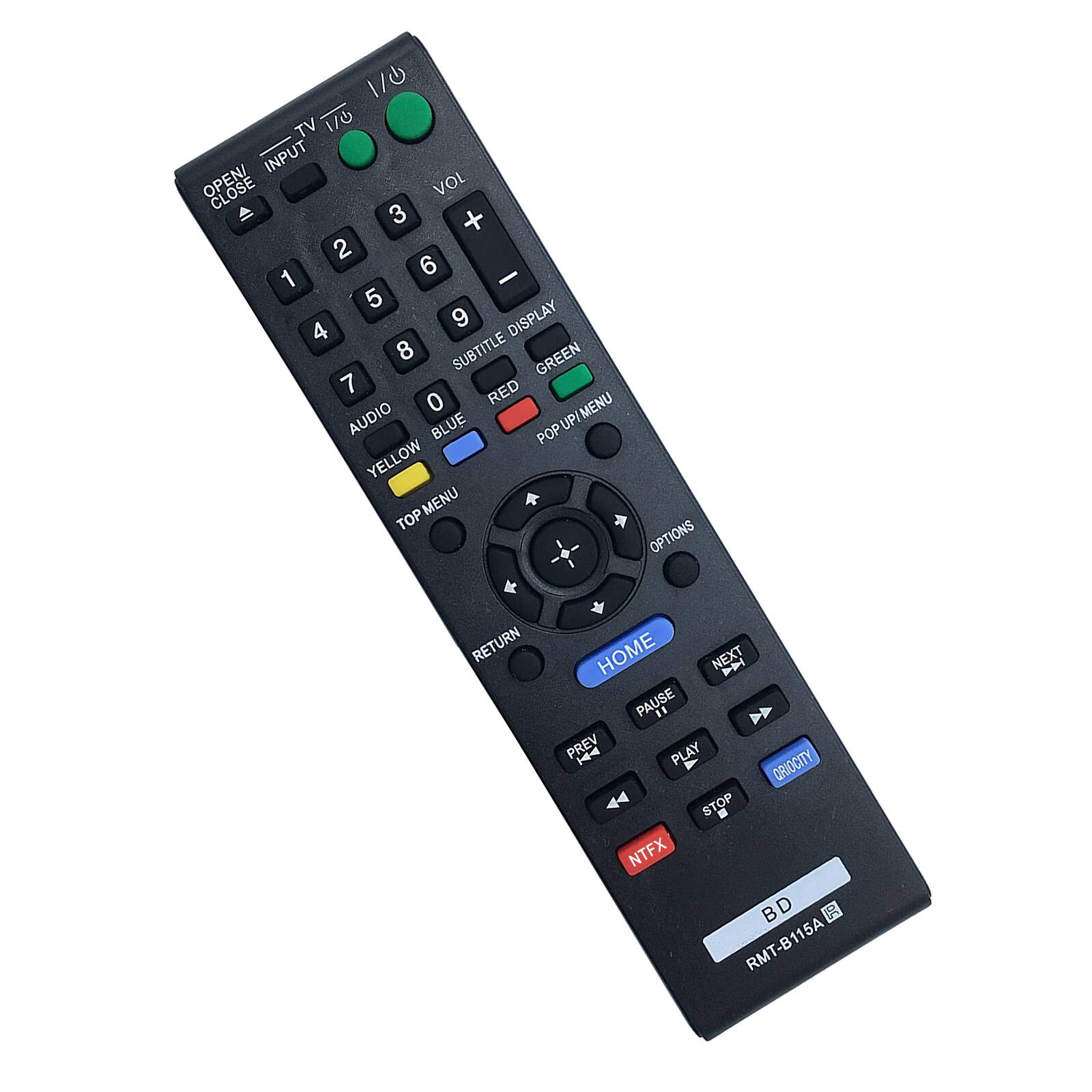 ON TV 1/0 INPUT CLOSE VOL A 3 + 2 6 - 1 5 9 DISPLAY 4 8 SUBTITLE GREEN 7 RED 0 AUDIO BLUE POP UP/MENU POP UP YELLOW MENU TOP OPTIONS RETURN HOME NEXT PAUSE " PREV | PLAY ORIO CITY STOP - NTFX D B RMT-B115A