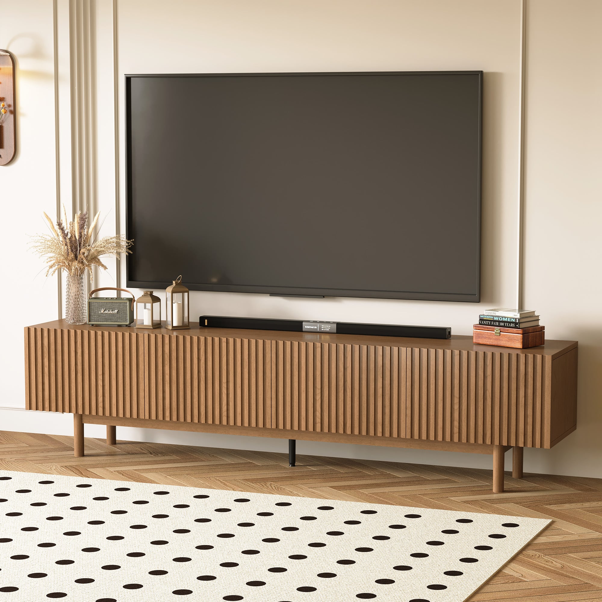 luck idea - Farmhouse Style 86.61" Fluted Media Console TV Stand with Layered Storage, Removable Shelves & Solid Wood Legs - Walnut Color