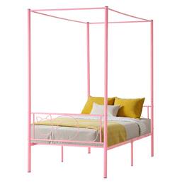 VEVOR - Twin Size Canopy Bed Frame, Metal Canopy Bed with Minimalist Headboard & Four Posters Design - Pink