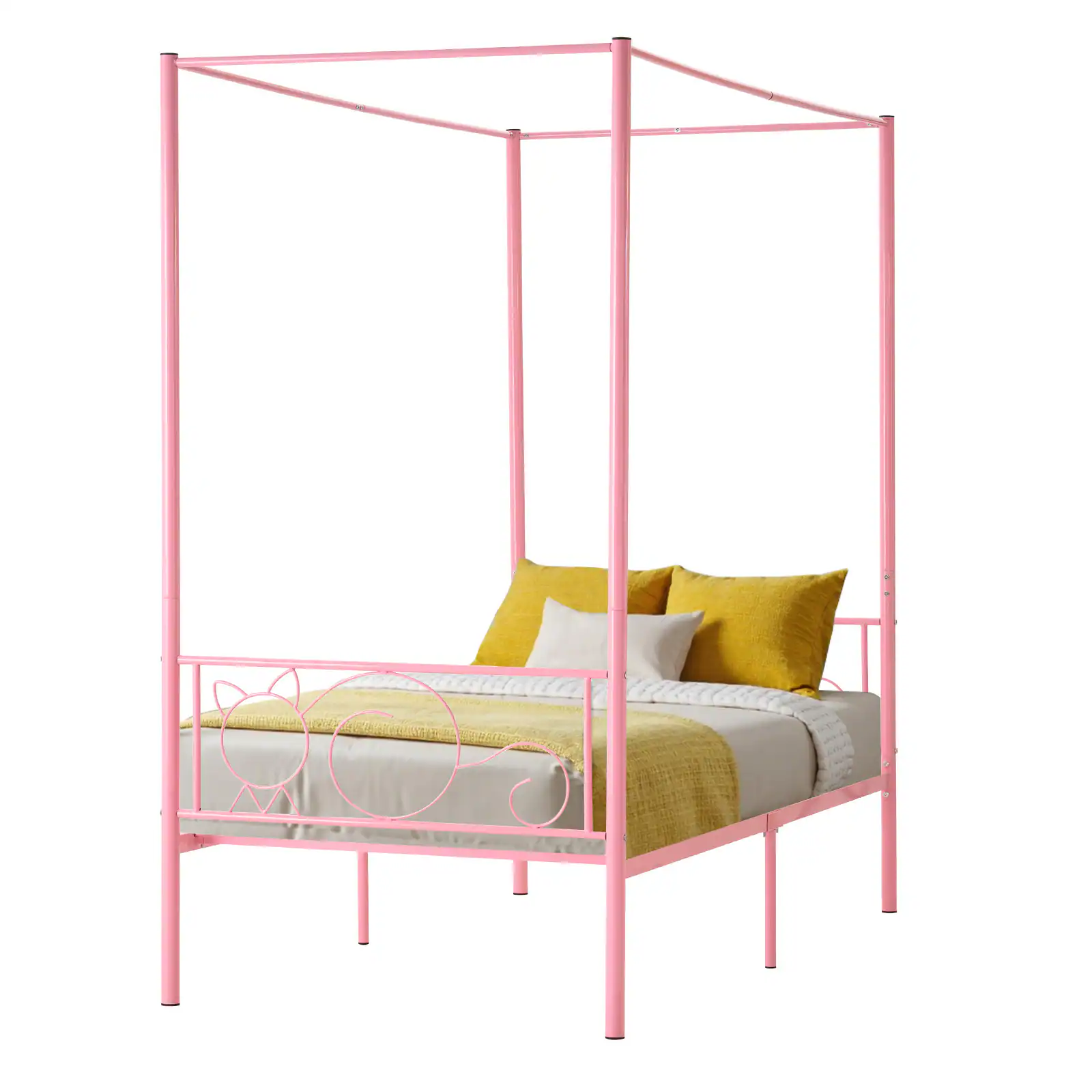 Front. VEVOR - Twin Size Canopy Bed Frame, Metal Canopy Bed with Minimalist Headboard & Four Posters Design - Pink.