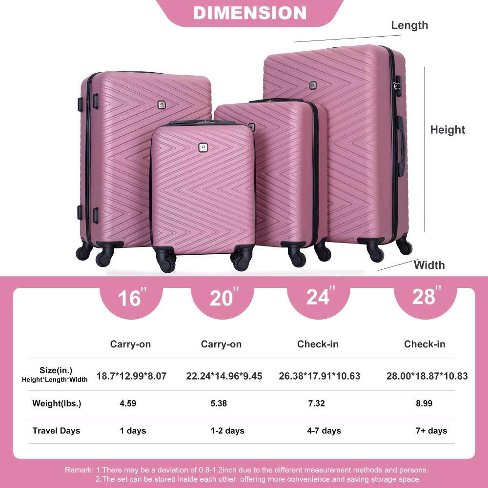 **DIMENSION**

- **16" Carry-on**
  - Size (in.): 18.7" x 12.99" x 8.07"
  - Weight (lbs.): 4.59
  - Travel Days: 1 day

- **20" Carry-on**
  - Size (in.): 22.24" x 14.96" x 9.45"
  - Weight (lbs.): 5.38
  - Travel Days: 1-2 days

- **24" Check-in**
  - Size (in.): 26.38" x 17.91" x 10.63"
  - Weight (lbs.): 7.32
  - Travel Days: 4-7 days

- **28" Check-in**
  - Size (in.): 28.00" x 18.87" x 10.83"
  - Weight (lbs.): 8.99
  - Travel Days: 7+ days

**Remark:**
1. There may be a