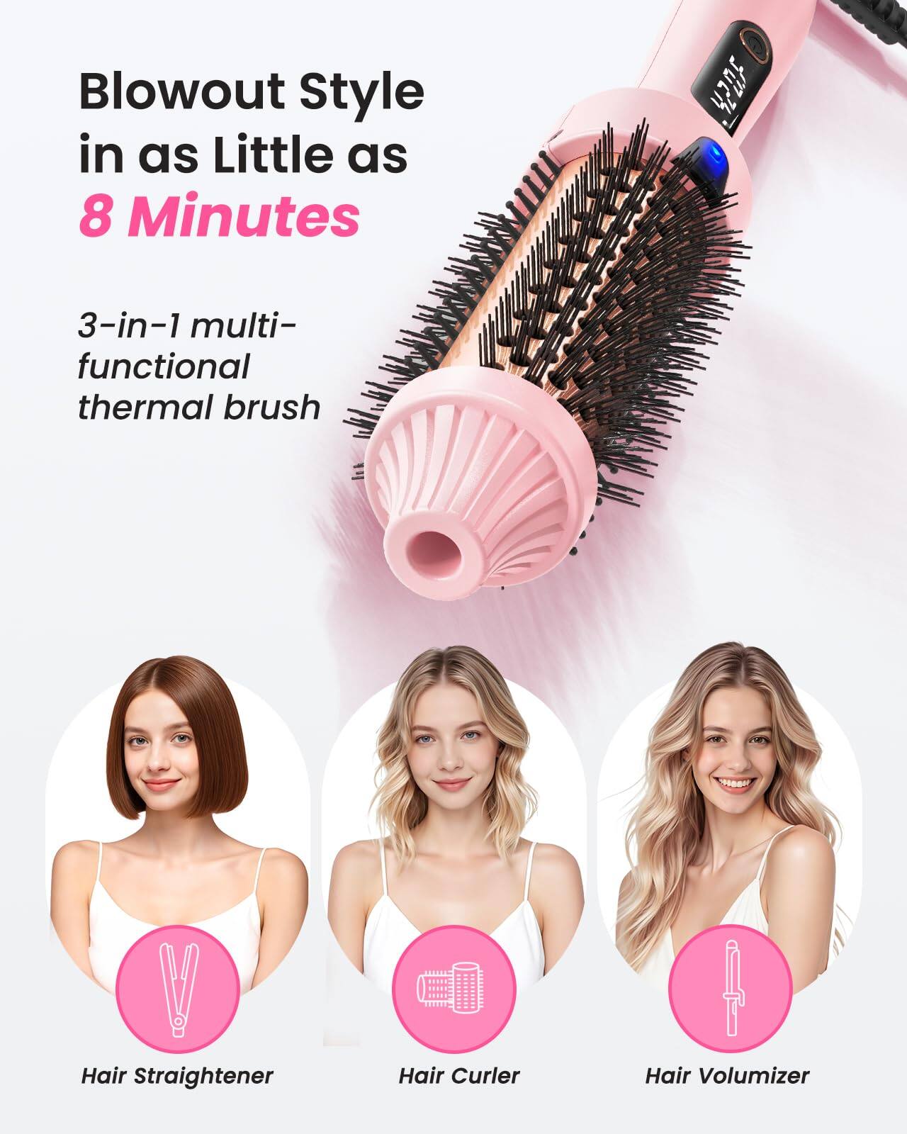 Blowout Style in as Little as 8 Minutes

3-in-1 multi-functional thermal brush

Hair Straightener

Hair Curler

Hair Volumizer