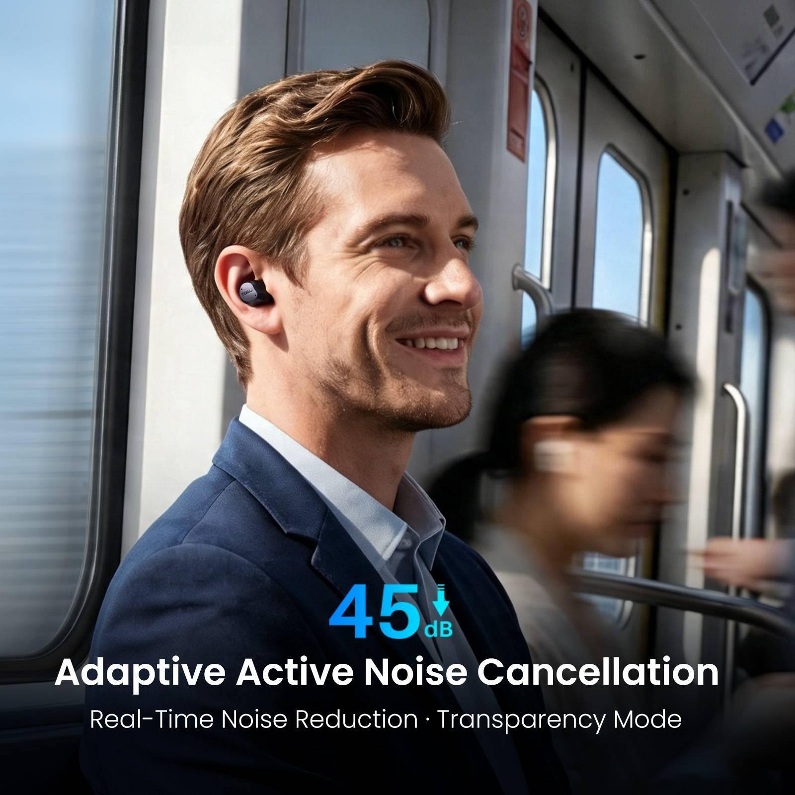 45 dB Adaptive Active Noise Cancellation  
Real-Time Noise Reduction  
Transparency Mode