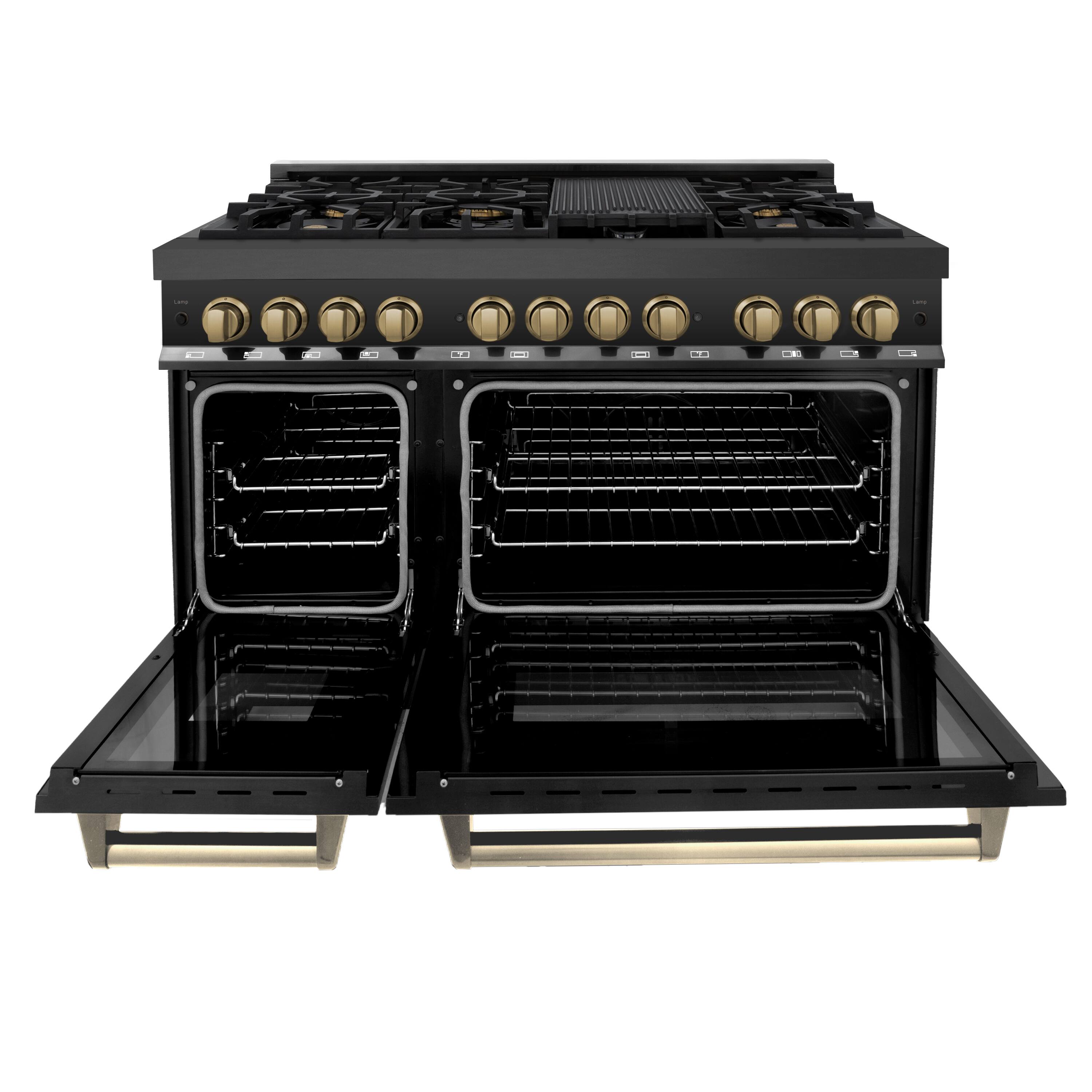 Angle. ZLINE - Autograph 48 in. 6.0 cu. ft. Freestanding Legacy Dual Fuel Range with 7 Burners in Black Steel & Bronze Accents - Black.