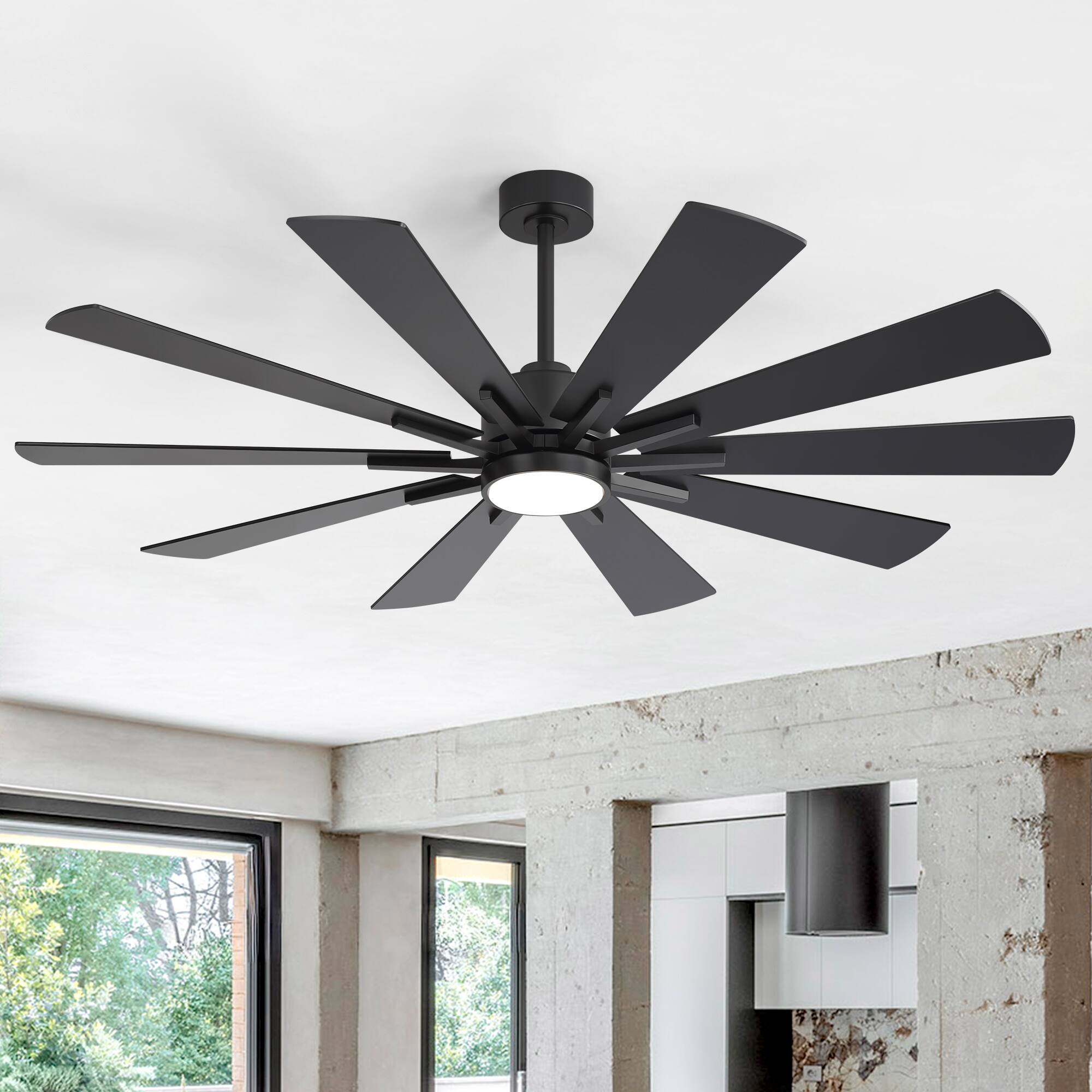 Angle. Breezary - 62-Inch Modern Ceiling Fan, Dimmable LED, 10 Premium Plywood Blades, Quiet DC Motor, Remote Control, 6"/12" Downrods - 62-inch in Black and Walnut finish.