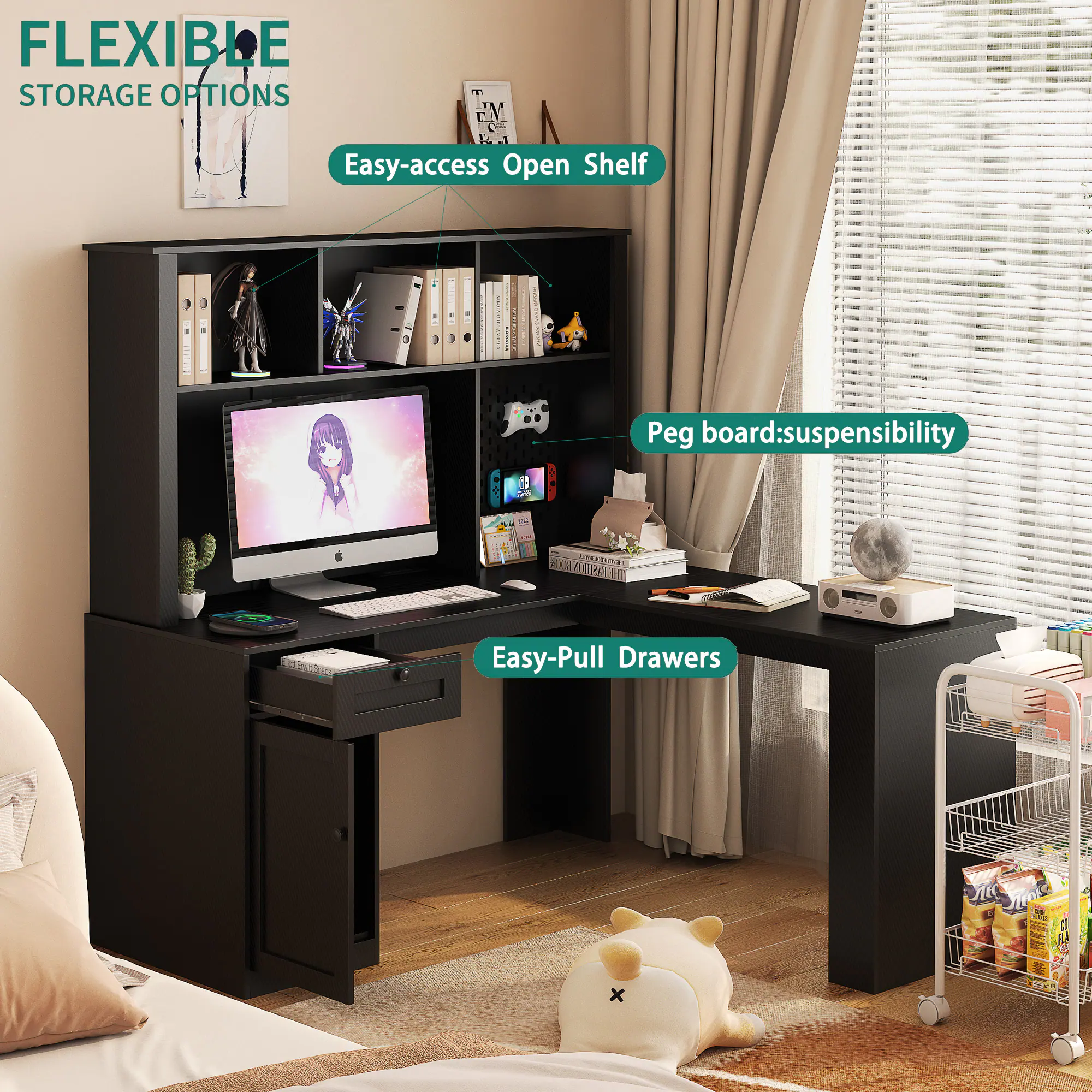 FLEXIBLE STORAGE OPTIONS

- Easy-access Open Shelf
- Peg board: suspensibility
- Easy-Pull Drawers